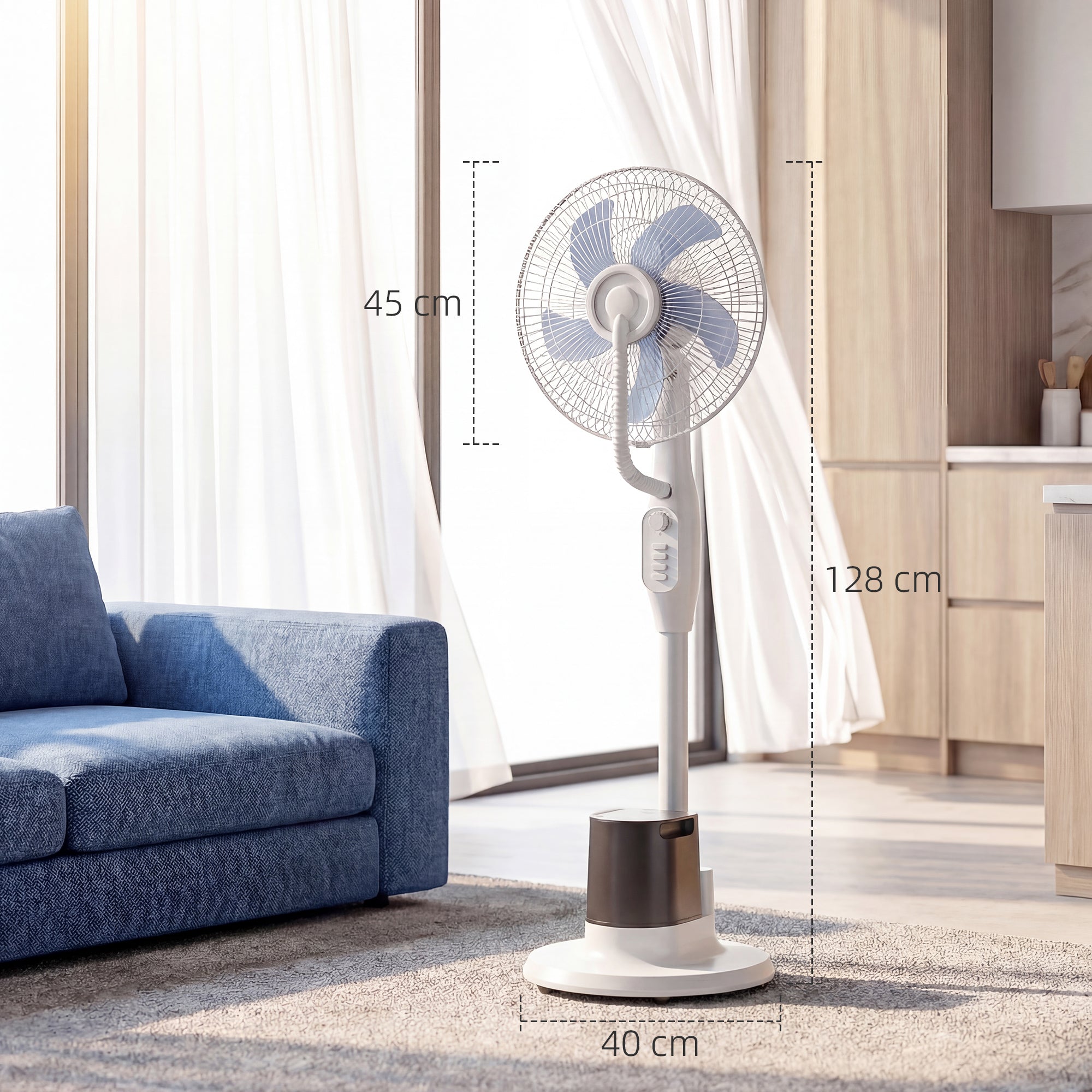 Ventilateur brumisateur 90W, ventilateur sur pied 128cm avec oscillation à 70°, 3 vitesses, réservoir d'eau 3,5 L, 5 roues, pour maison, bureau, blanc