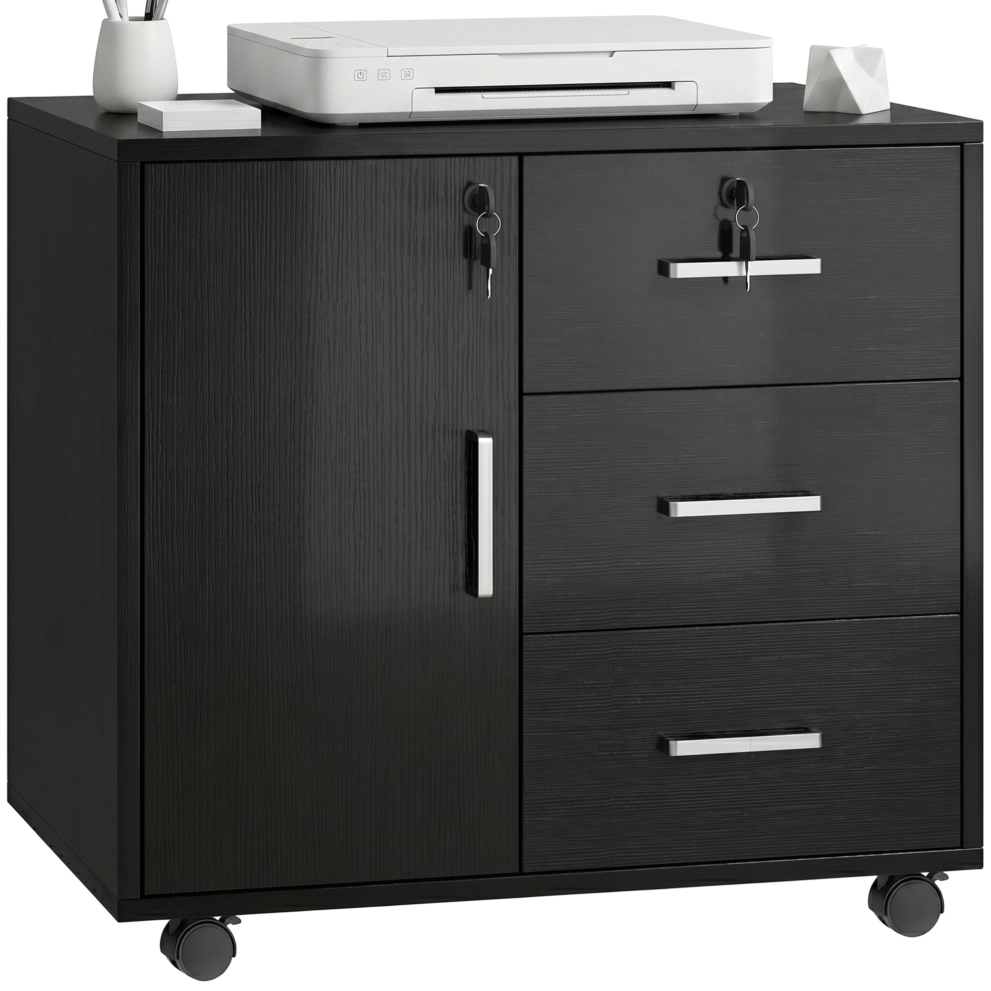 Caisson bureau meuble de rangement avec 3 tiroirs et étagère réglable, armoire rangement bureau verrouillable avec roulettes, dim. 40 x 60 x 56 cm, noir