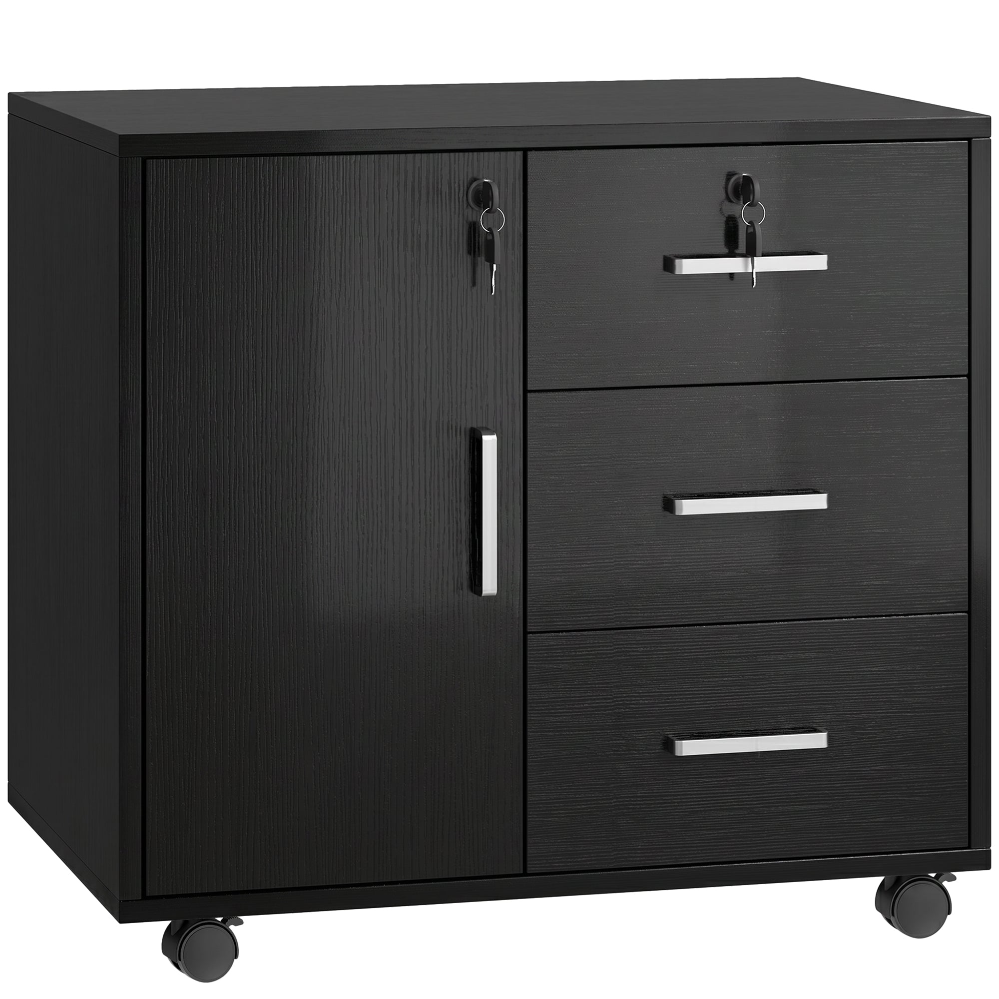 Caisson bureau meuble de rangement avec 3 tiroirs et étagère réglable, armoire rangement bureau verrouillable avec roulettes, dim. 40 x 60 x 56 cm, noir