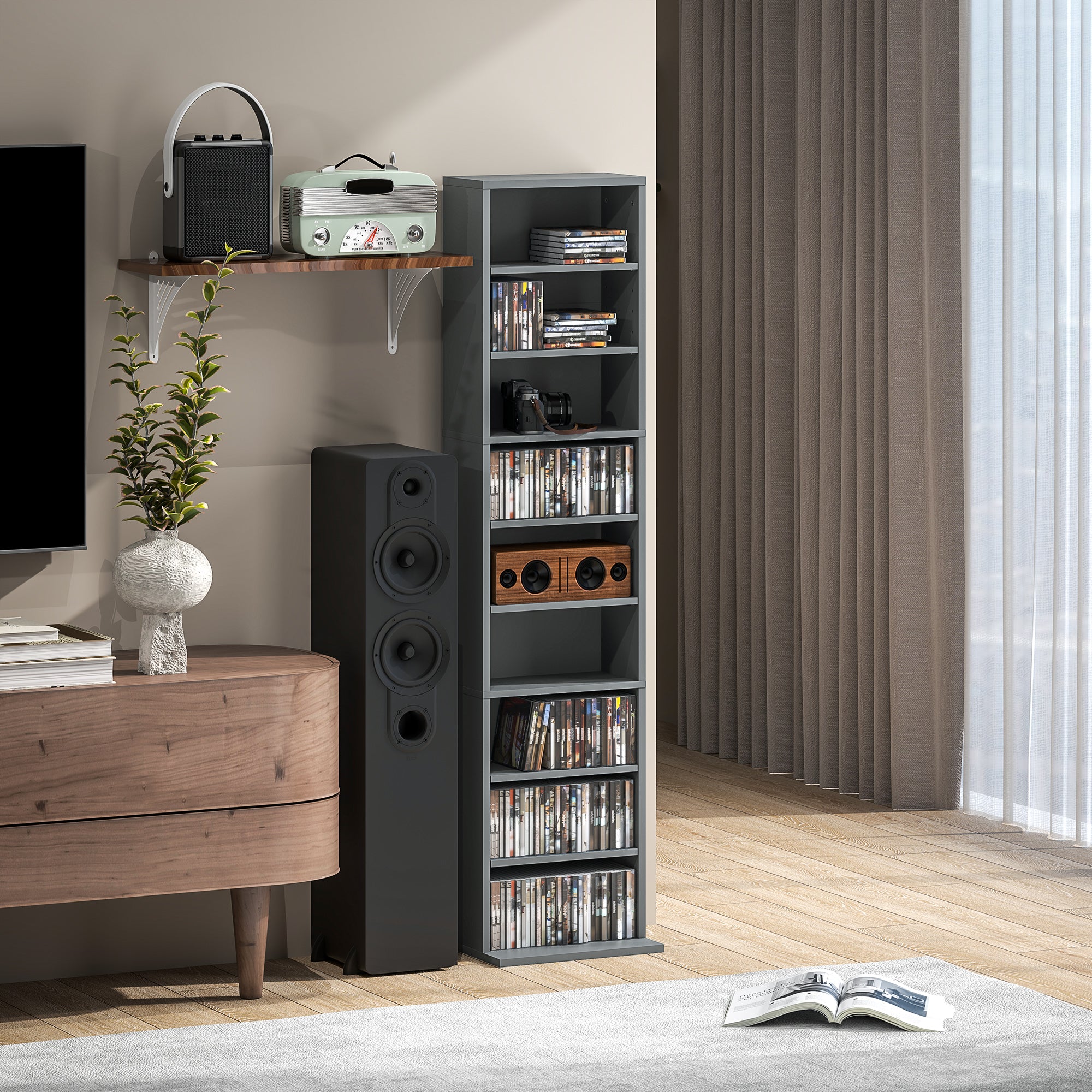 Rangements pour CD et DVD, meuble de rangement multimédia, capacité max. 260 CD/120 DVD, 9 compartiments et 6 étagères réglables, pour salon, chambre, bureau, 33 x 24 x 140 cm, gris