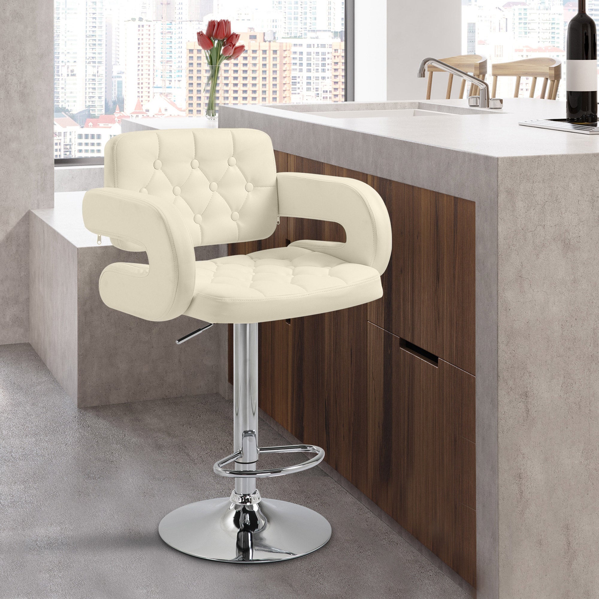 Tabouret de bar pivotant à 360°, chaise de bar réglable en hauteur avec dossier rembourrée, repose-pieds et accoudoirs, chaise haute cuisine en PU et métal pour salle à manger, comptoir, blanc