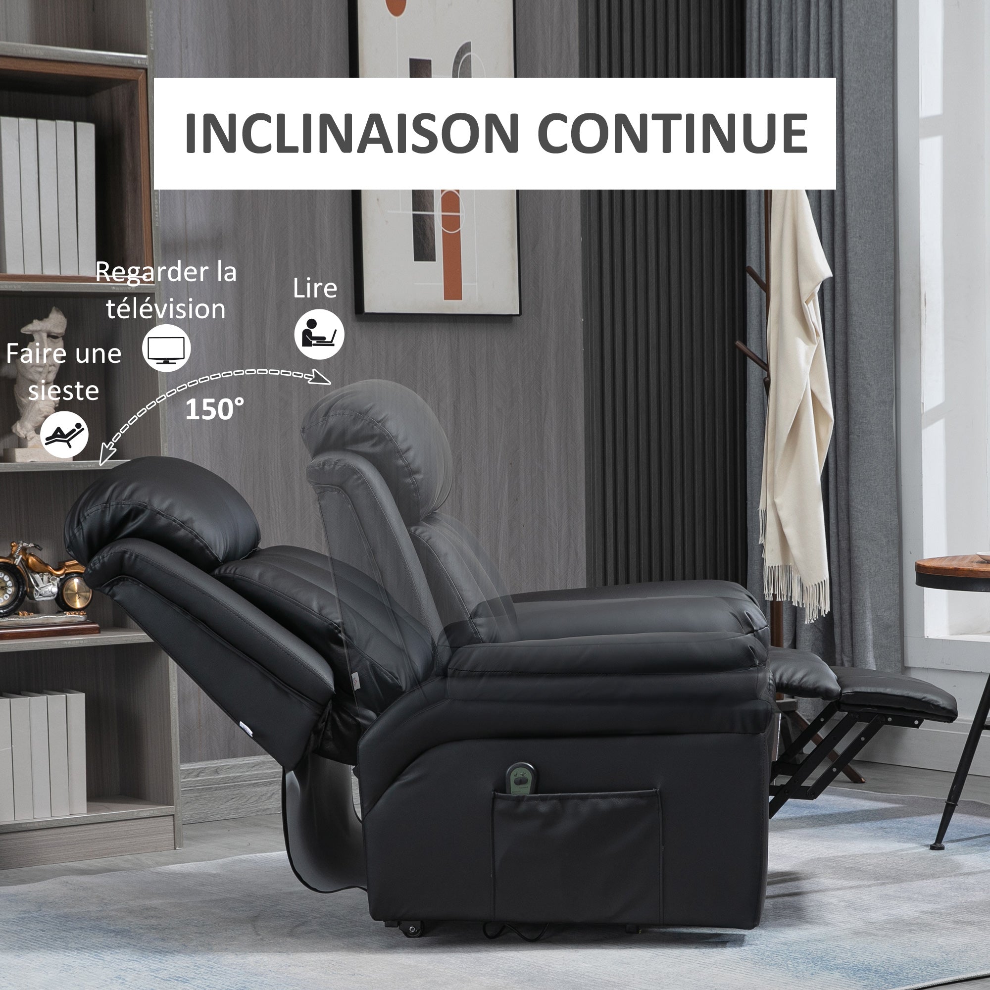 Fauteuil releveur électrique, fauteuil relax électrique avec repose-pied ajustable, dossier inclinable, télécommande, poche latérale, pour personnes âgées, noir
