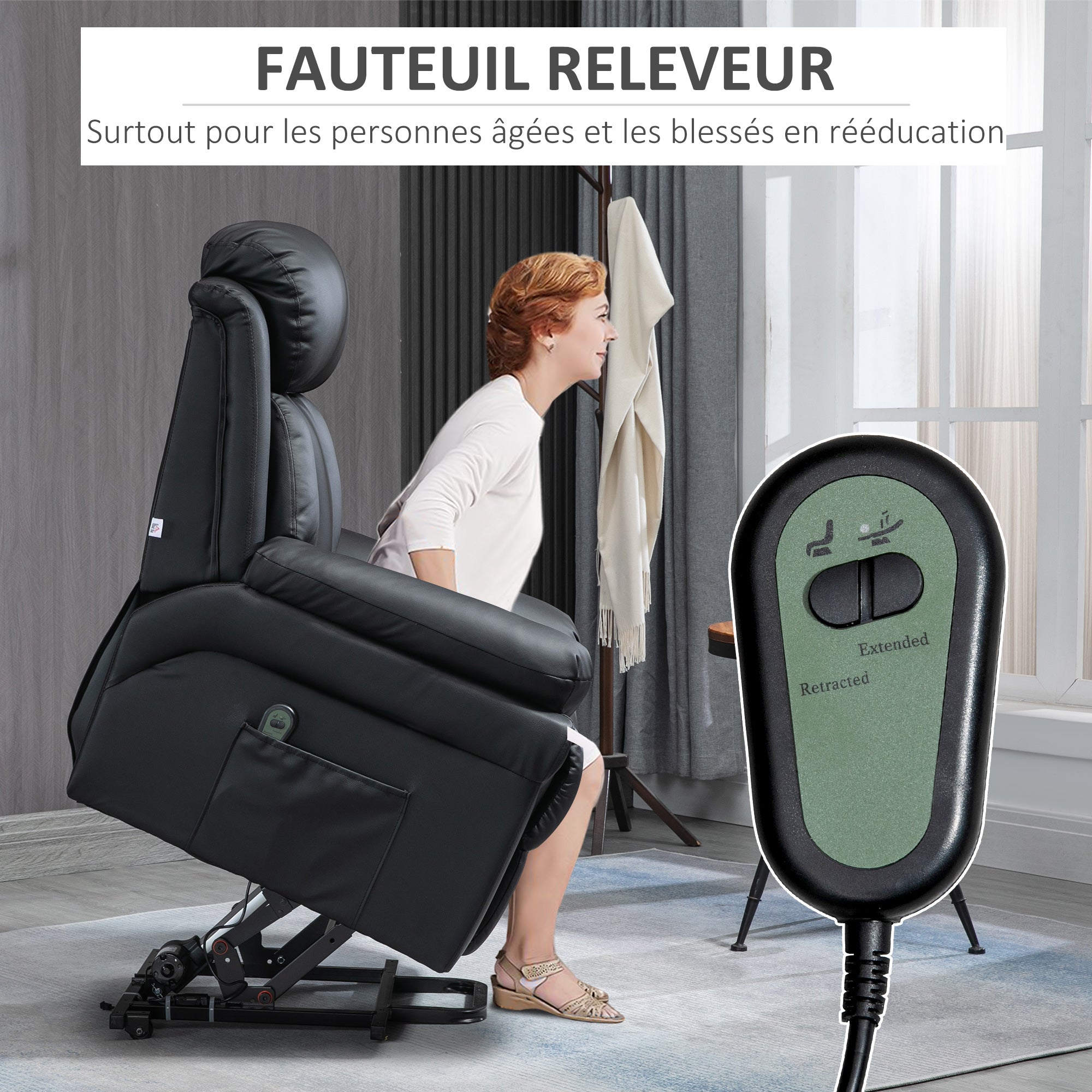 Fauteuil releveur électrique, fauteuil relax électrique avec repose-pied ajustable, dossier inclinable, télécommande, poche latérale, pour personnes âgées, noir