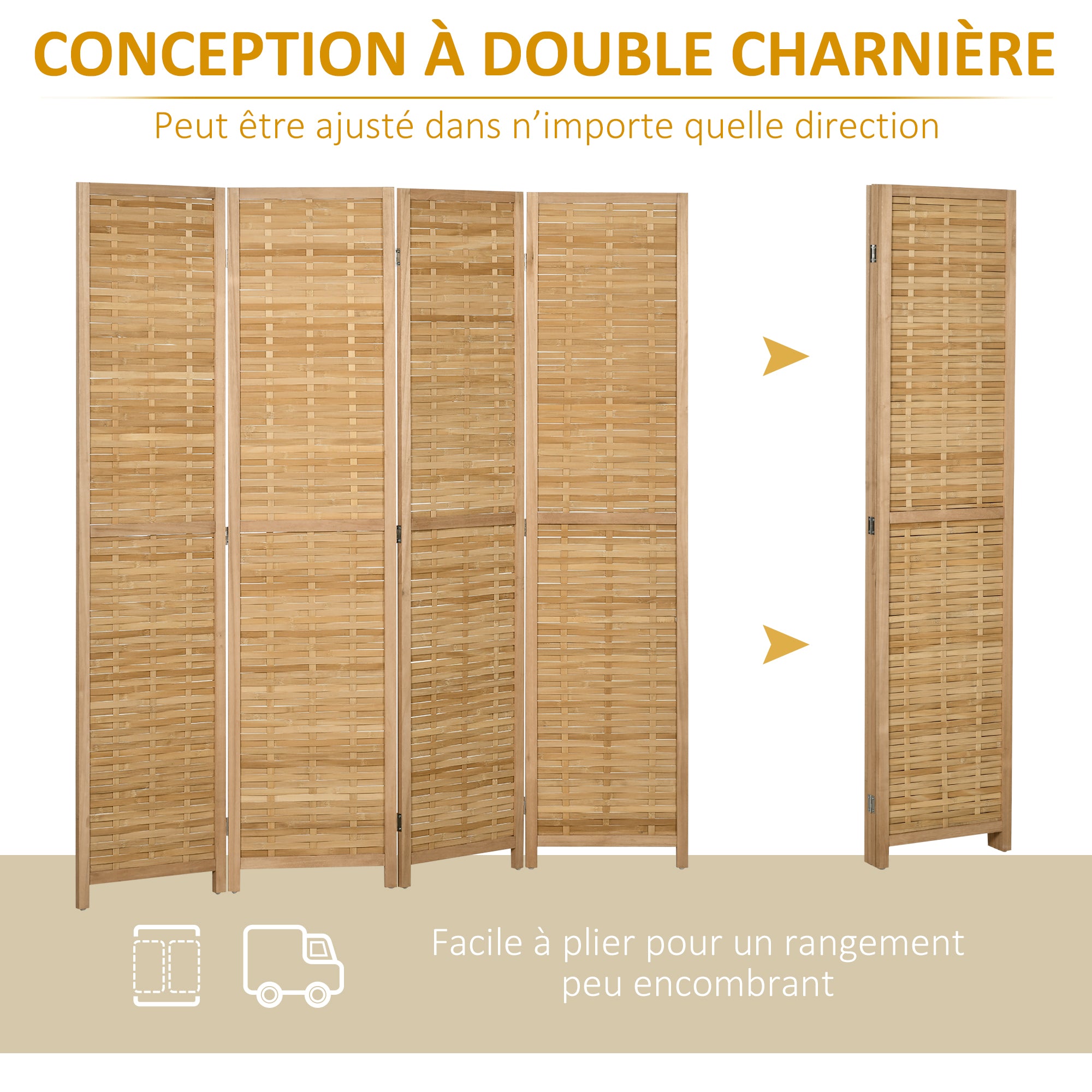 Paravent en bois 4 panneaux 160 x 170 cm séparateur de pièce closion de séparation pliable en bambou - naturel clair