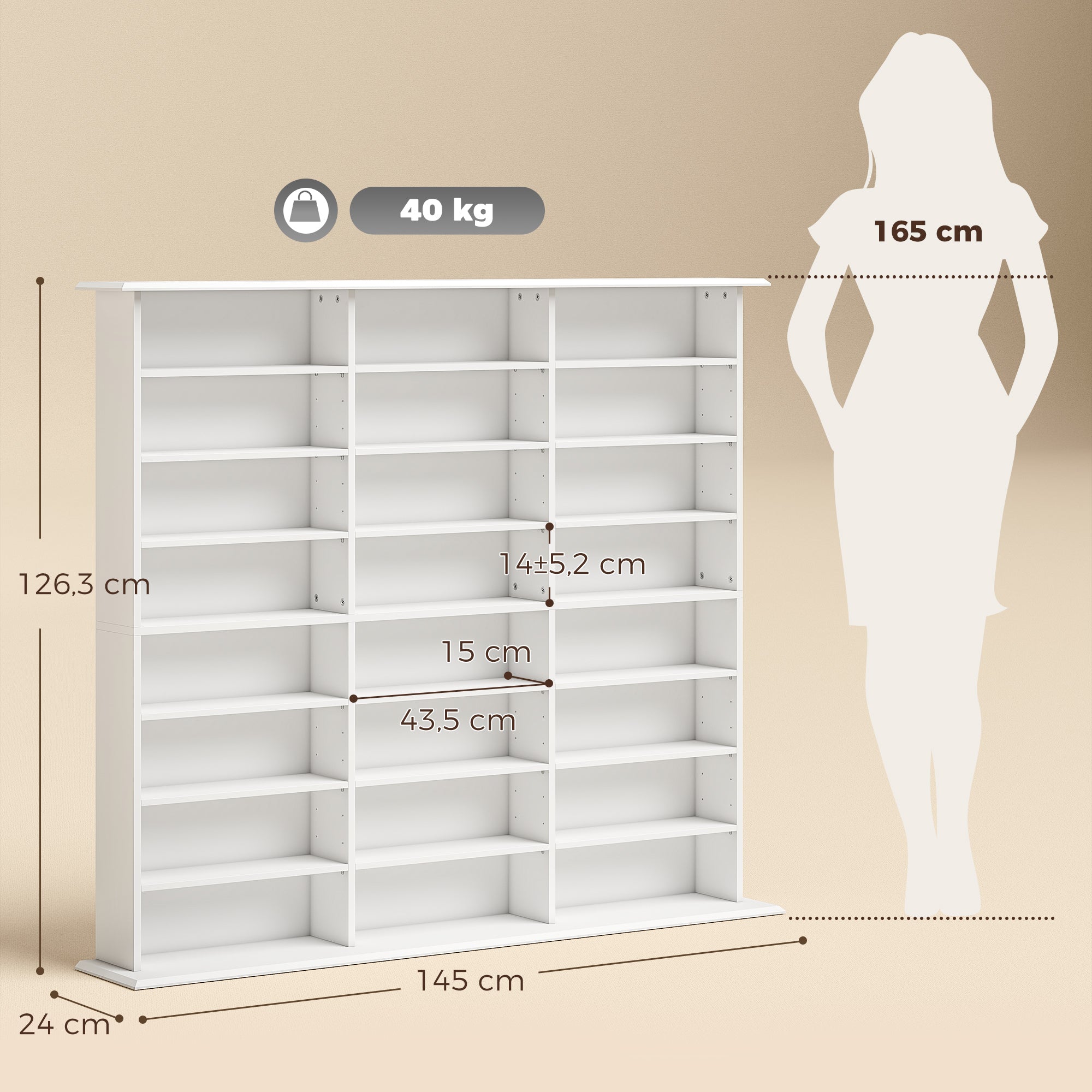 Rangements pour CD et DVD, Meuble de Rangement Multimédia, Capacité Max. 1032 CDs/594 DVDs et Blu-ray, 24 Compartiments et 18 Étagères Réglables, pour Salon, Chambre, 145x24x126,3cm, Blanc