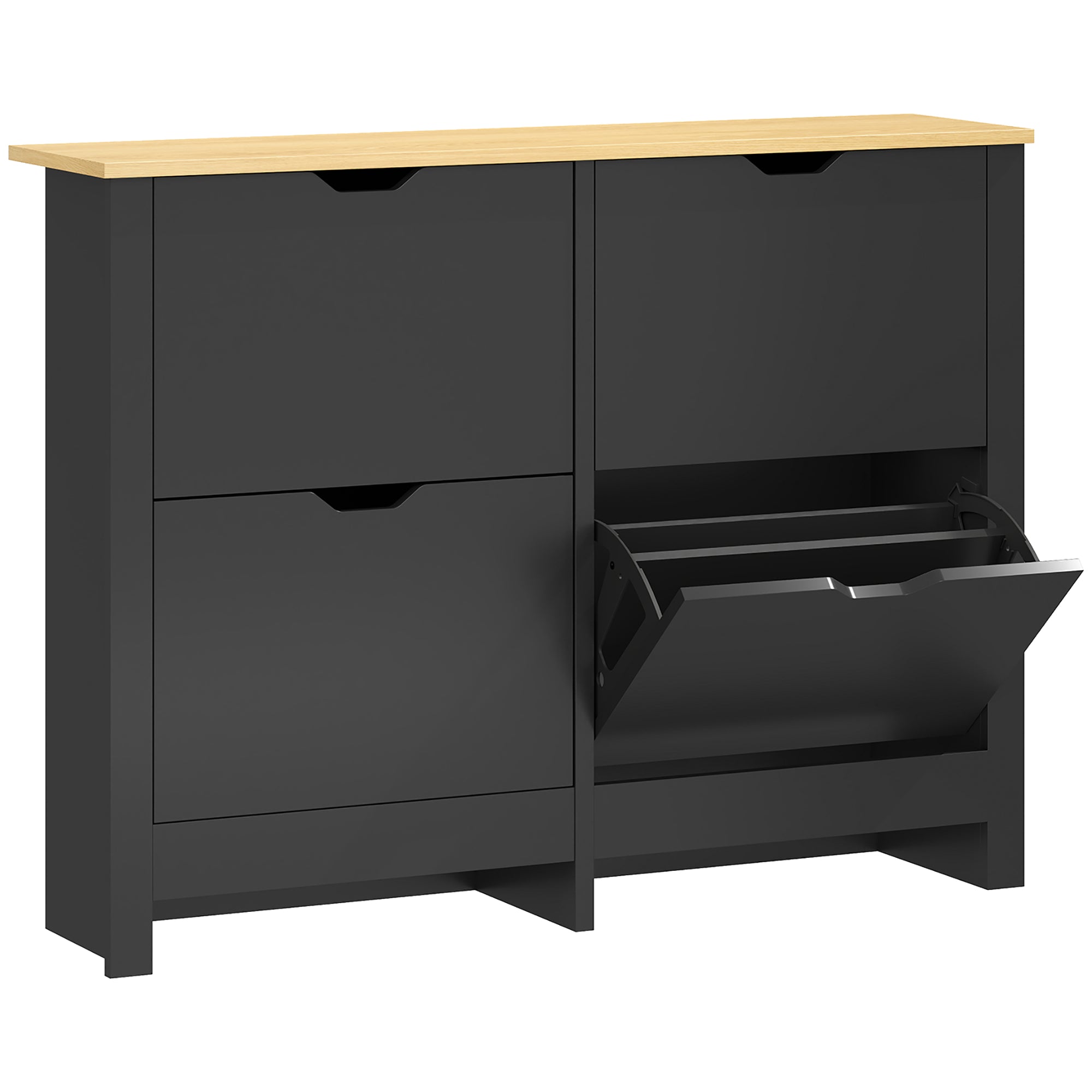 Meuble à chaussures 16 paires, armoire à chaussures étroite avec 4 tiroirs rabattables et étagères réglables, style moderne, pour couloir, entrée, 105 x 26 x 80 cm, noir et bois naturel