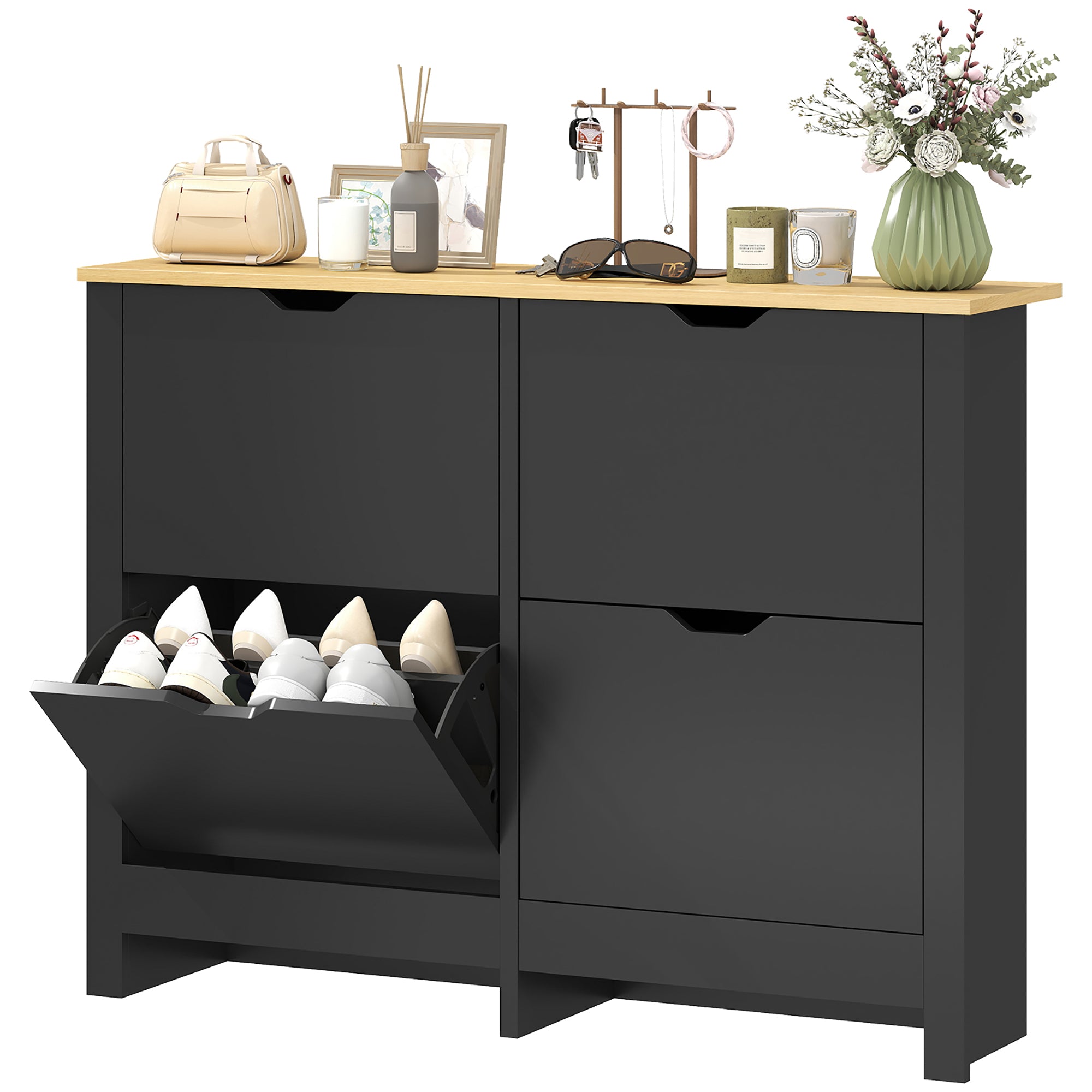 Meuble à chaussures 16 paires, armoire à chaussures étroite avec 4 tiroirs rabattables et étagères réglables, style moderne, pour couloir, entrée, 105 x 26 x 80 cm, noir et bois naturel