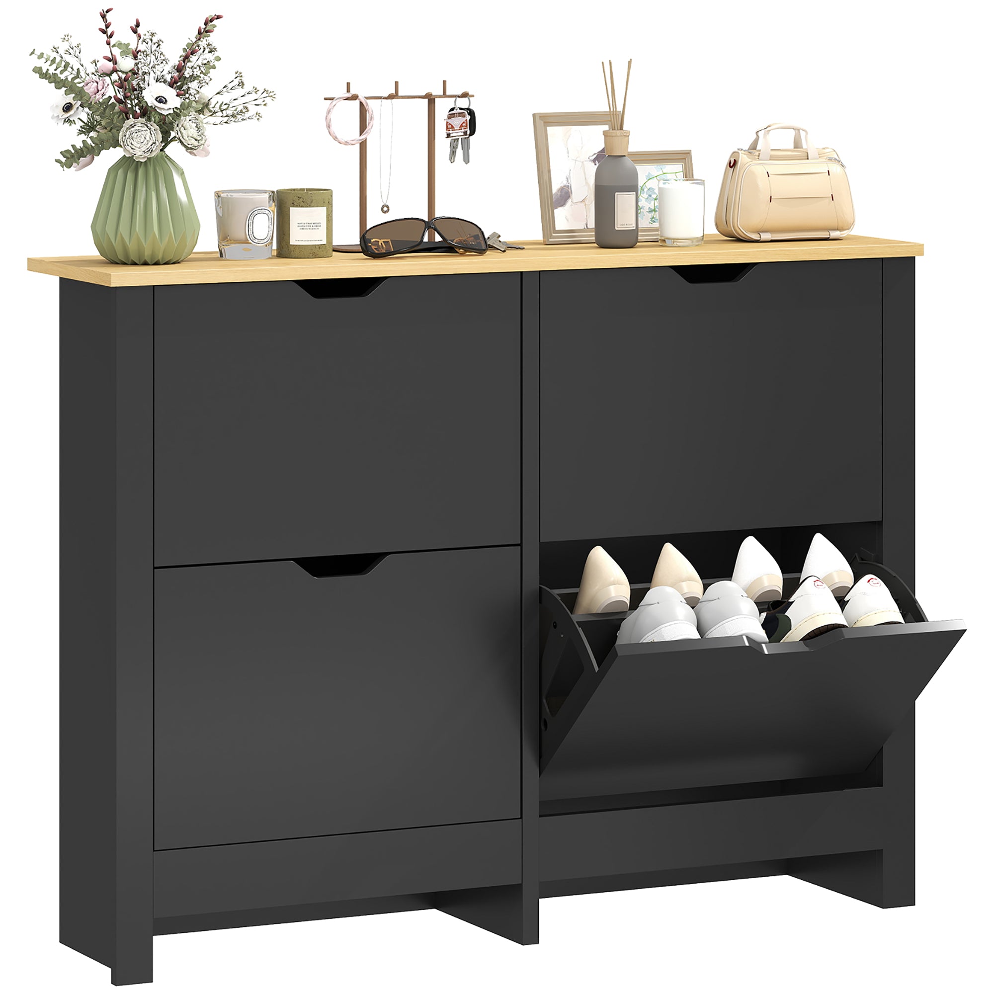 Meuble à chaussures 16 paires, armoire à chaussures étroite avec 4 tiroirs rabattables et étagères réglables, style moderne, pour couloir, entrée, 105 x 26 x 80 cm, noir et bois naturel