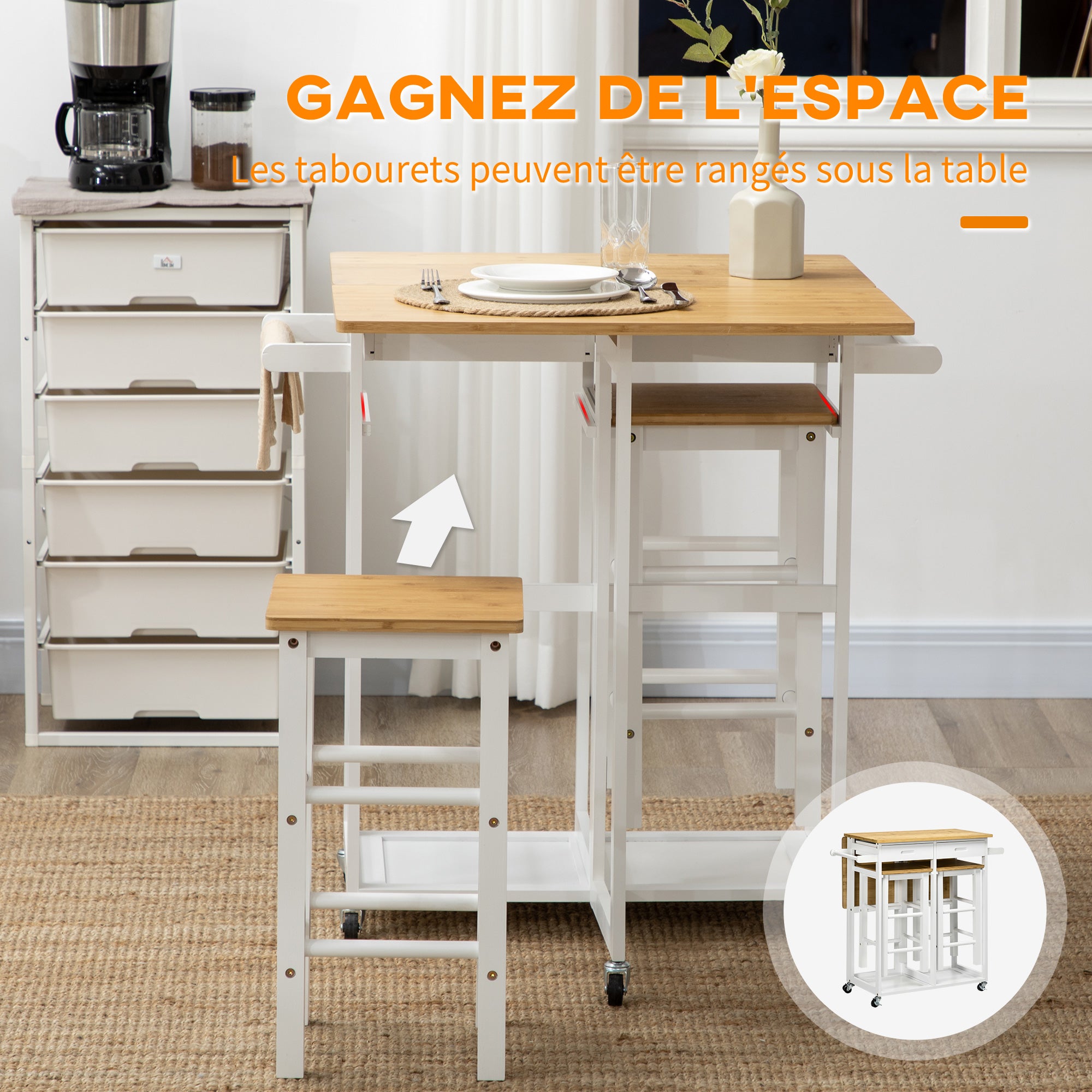 Ensemble table de bar chariot de cuisine table de cuisine pliante roulettes + 2 tabourets blanc et bois clair - 2 tiroirs et porte-torchons