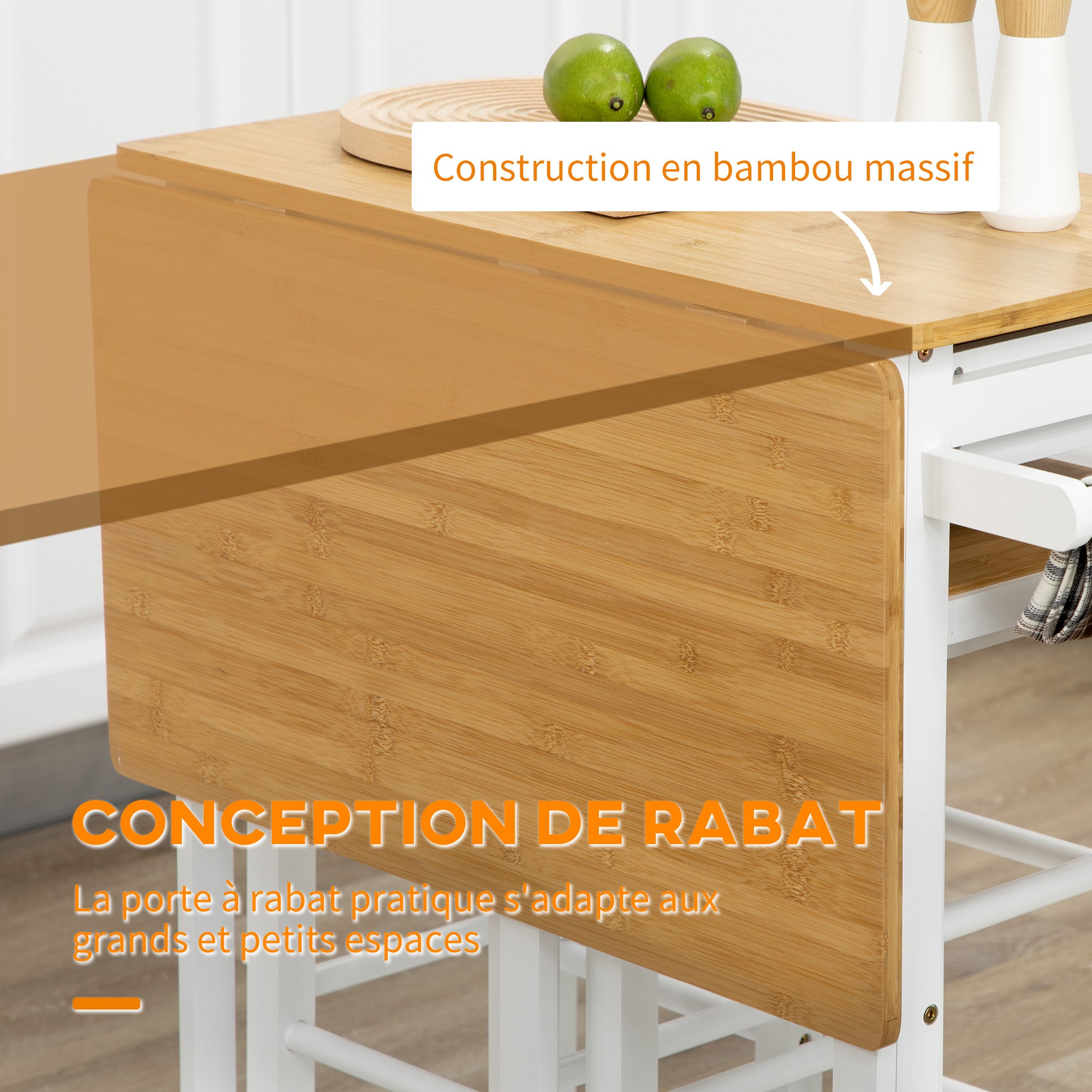 Ensemble table de bar chariot de cuisine table de cuisine pliante roulettes + 2 tabourets blanc et bois clair - 2 tiroirs et porte-torchons