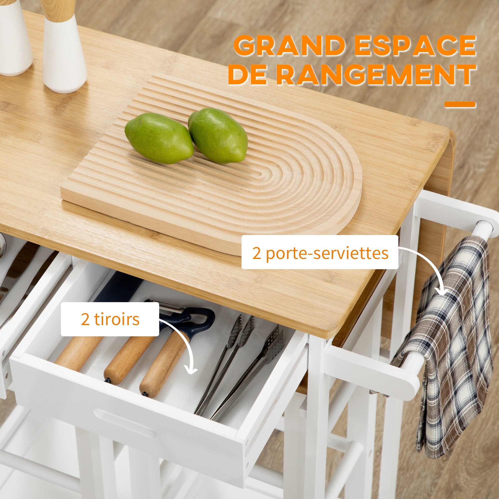 Ensemble table de bar chariot de cuisine table de cuisine pliante roulettes + 2 tabourets blanc et bois clair - 2 tiroirs et porte-torchons