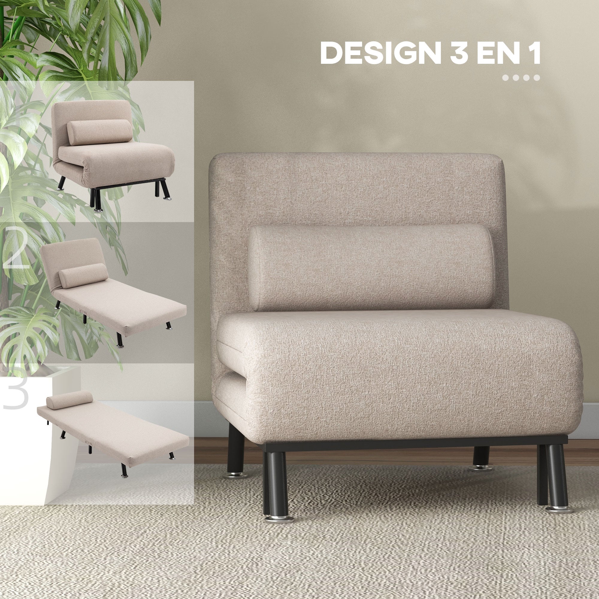 Fauteuil convertible 1 place chauffeuse 3 en 1 fauteuil lit avec dossier réglable en 5 positions, coussin inclus, canapé-lit 1 place pour invités, salon, charge 150 kg beige