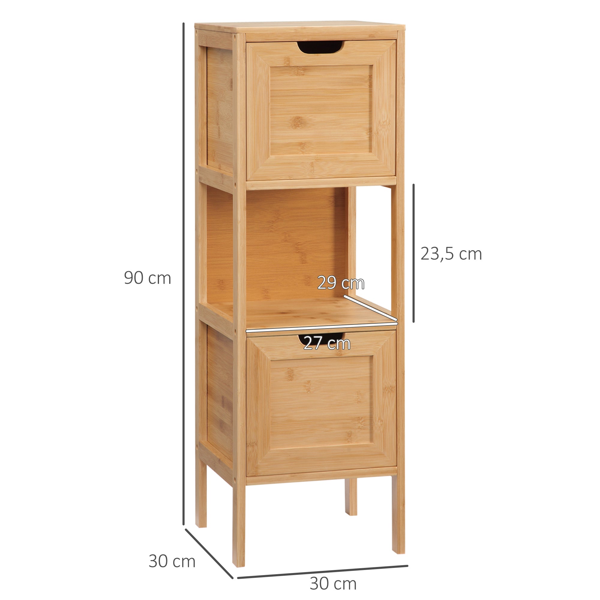 Meuble de salle de bain sur pied meuble de rangement armoire sur pieds en bambou 2 tiroirs amovibles et 1 étagère - design naturel - 30 x 30 x 90 cm naturel