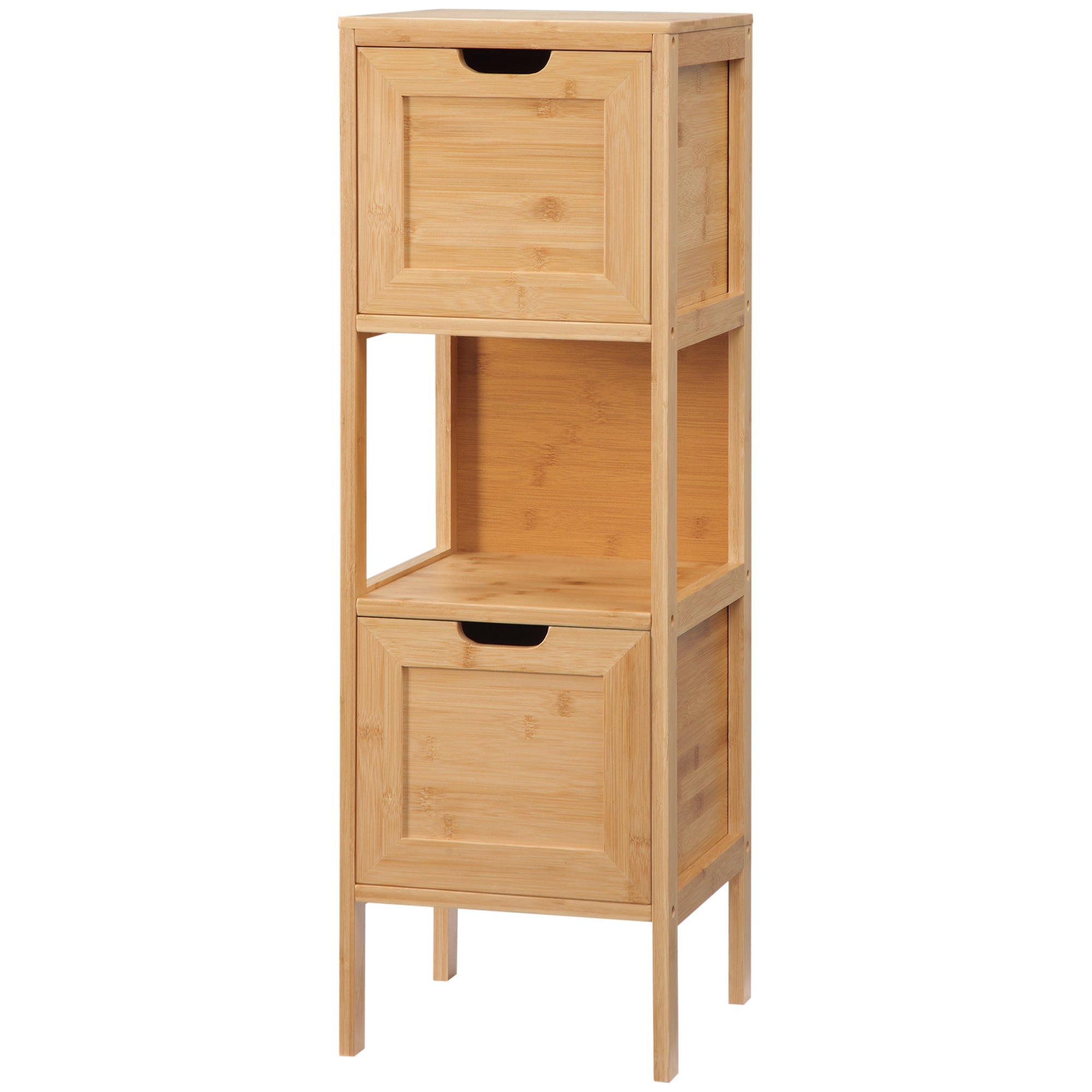 Meuble de salle de bain sur pied meuble de rangement armoire sur pieds en bambou 2 tiroirs amovibles et 1 étagère - design naturel - 30 x 30 x 90 cm naturel
