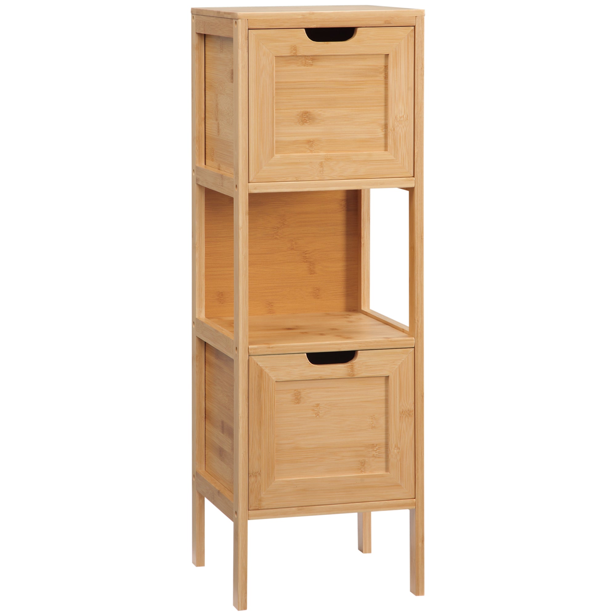 Meuble de salle de bain sur pied meuble de rangement armoire sur pieds en bambou 2 tiroirs amovibles et 1 étagère - design naturel - 30 x 30 x 90 cm naturel