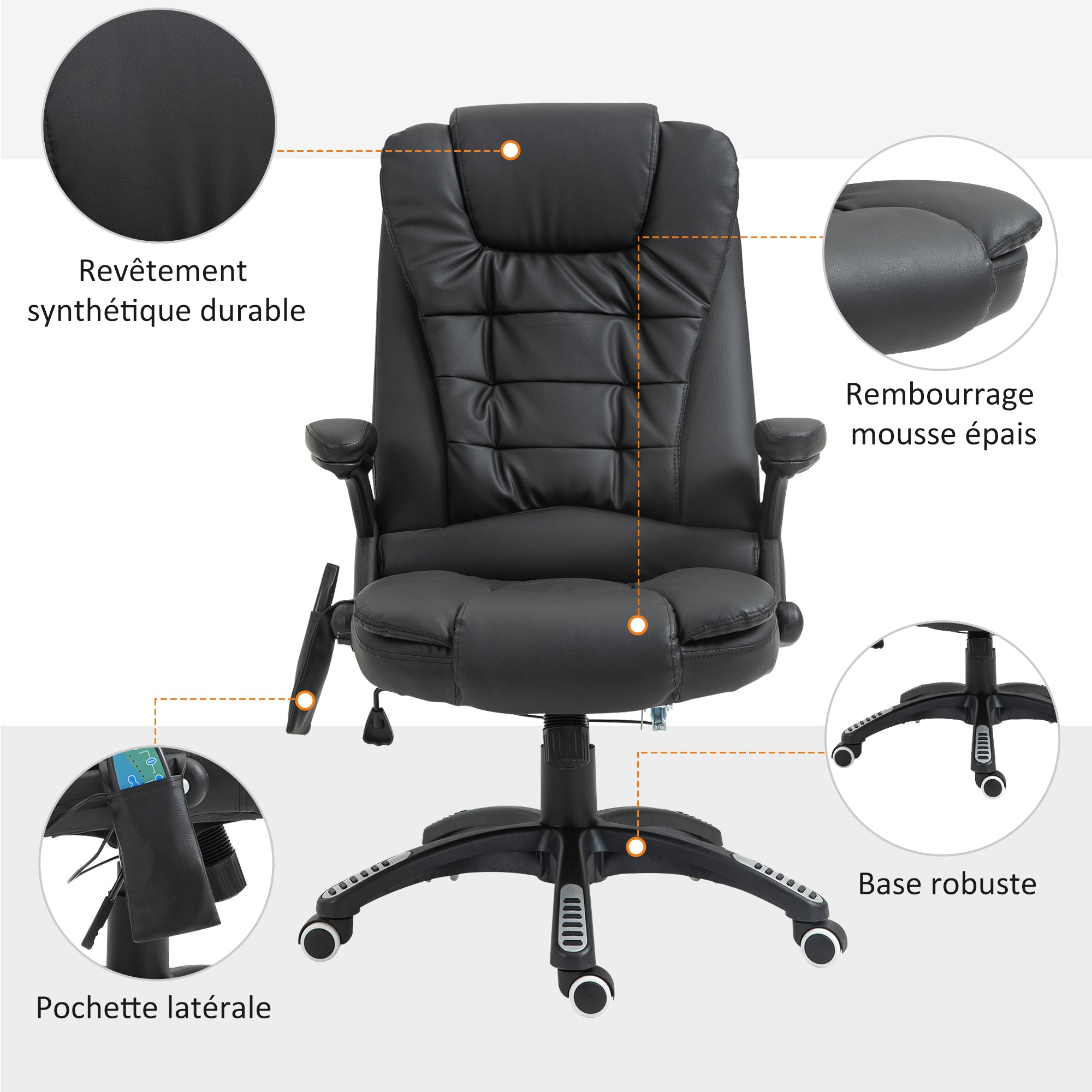 Fauteuil de bureau massant et chauffant électrique fauteuil bureau ergonomique revêtement synthétique noir