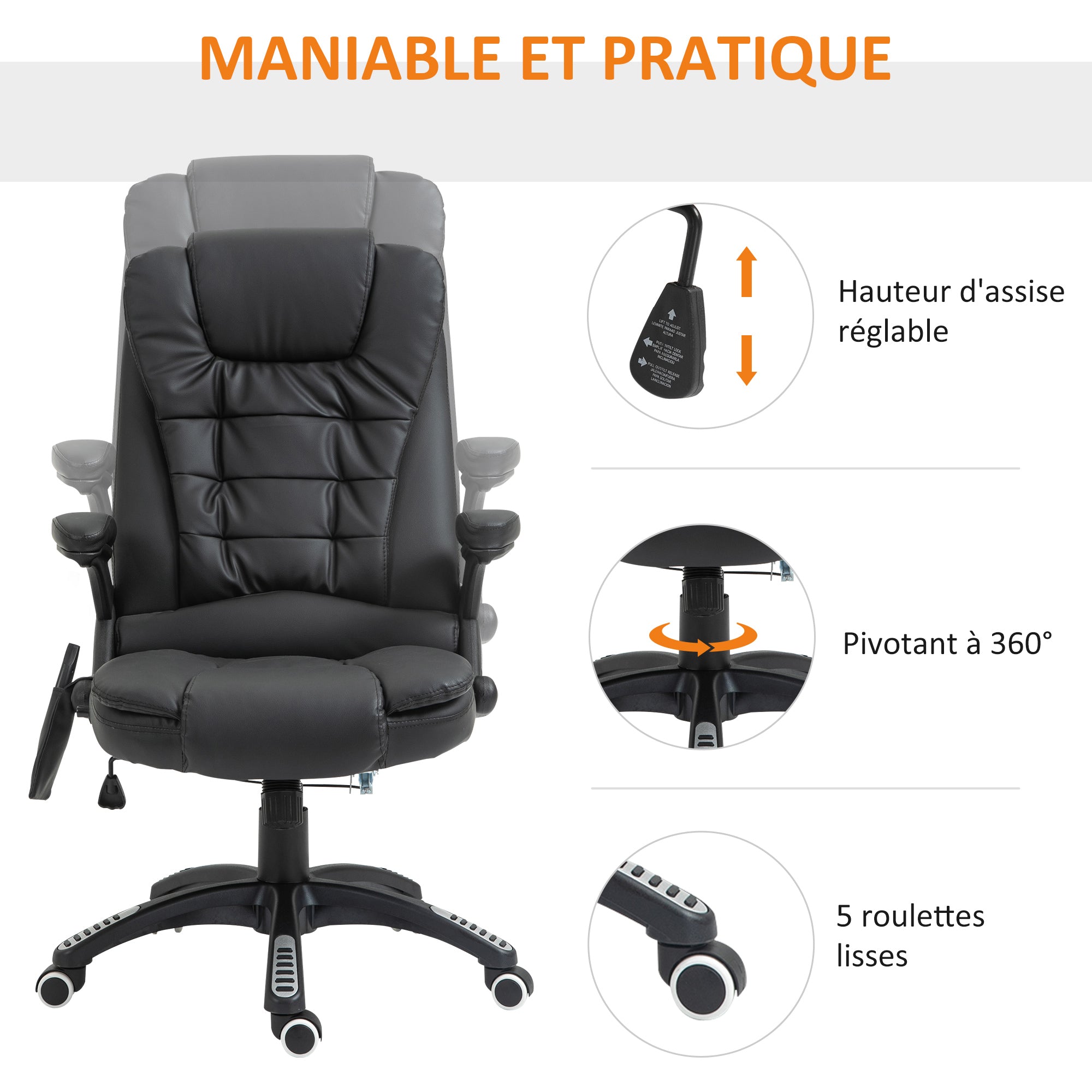 Fauteuil de bureau massant et chauffant électrique fauteuil bureau ergonomique revêtement synthétique noir