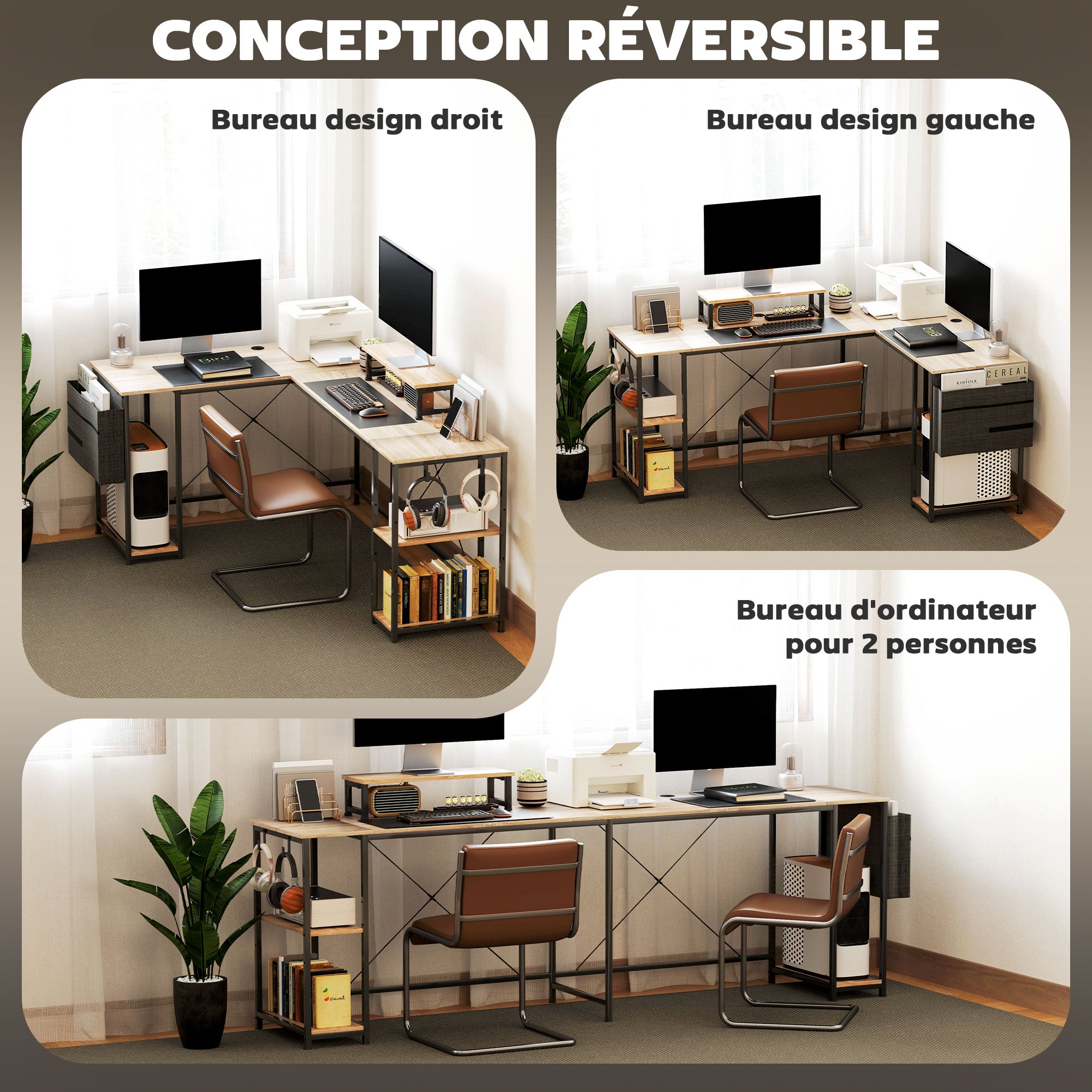 Bureau d'angle modulable réversible, bureau avec rangement 168-240 cm style industriel - étagère réglable, sac de rangement, support d'écran, bureau d'ordinateur pour 2 personnes, bois naturel