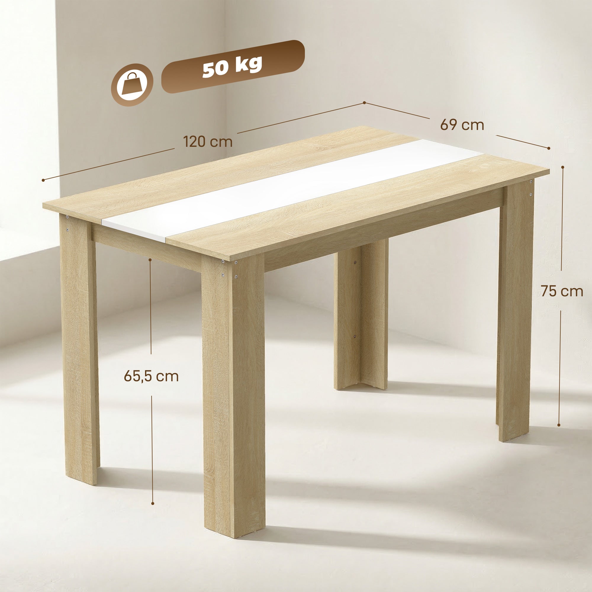 Table à manger rectangulaire pour 4 à 6 personnes, table de cuisine, 120 x 69 x 75 cm, style moderne, pieds triangulaires plus stable, chêne et blanc
