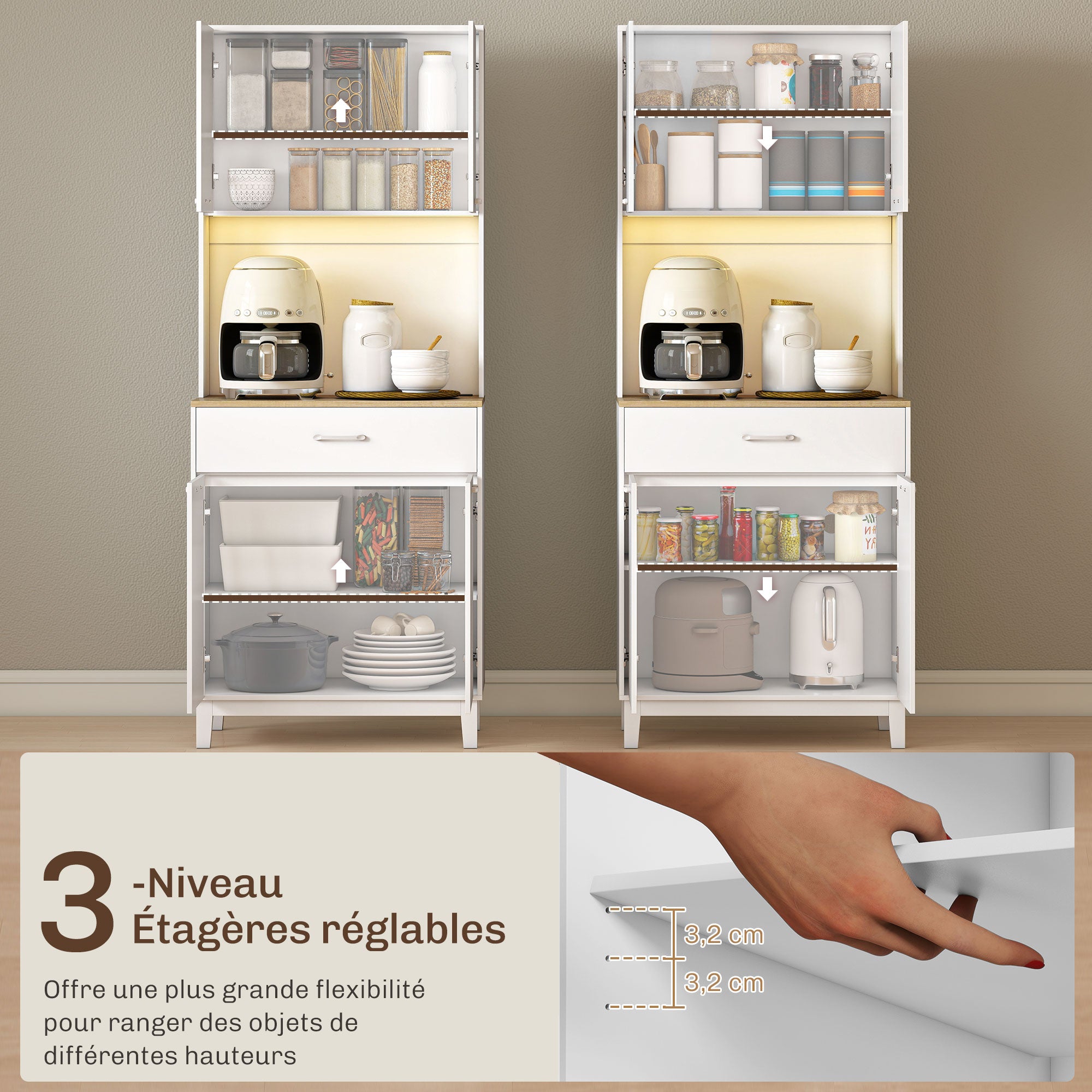 Buffet Haut Cuisine avec LED et Station de Charge, Armoire de Cuisine 180cm avec 4 Portes, Tiroir, Étagères Réglables et Plan de Travail, Meuble de Rangement pour Salon, Salle à Manger, Blanc