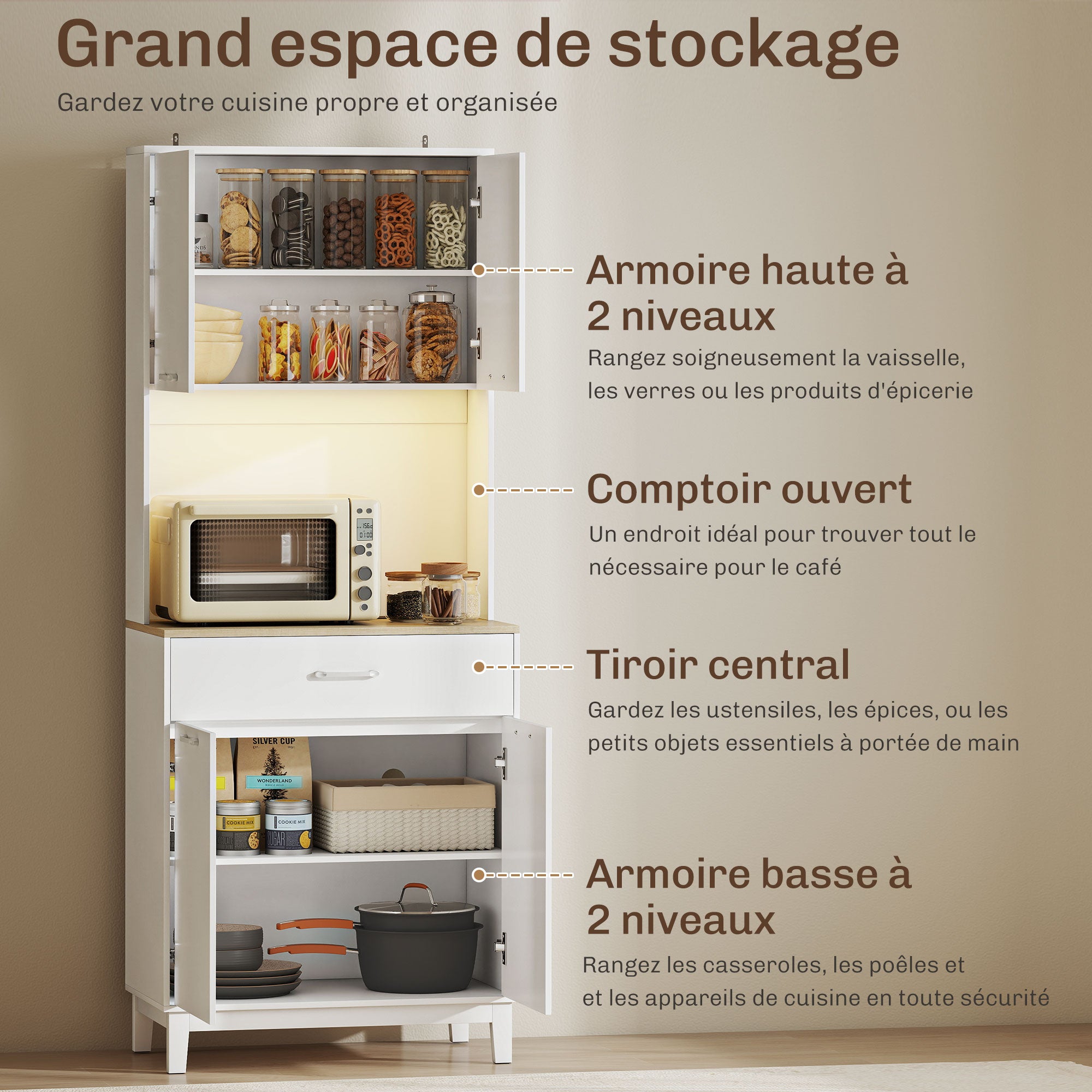 Buffet Haut Cuisine avec LED et Station de Charge, Armoire de Cuisine 180cm avec 4 Portes, Tiroir, Étagères Réglables et Plan de Travail, Meuble de Rangement pour Salon, Salle à Manger, Blanc