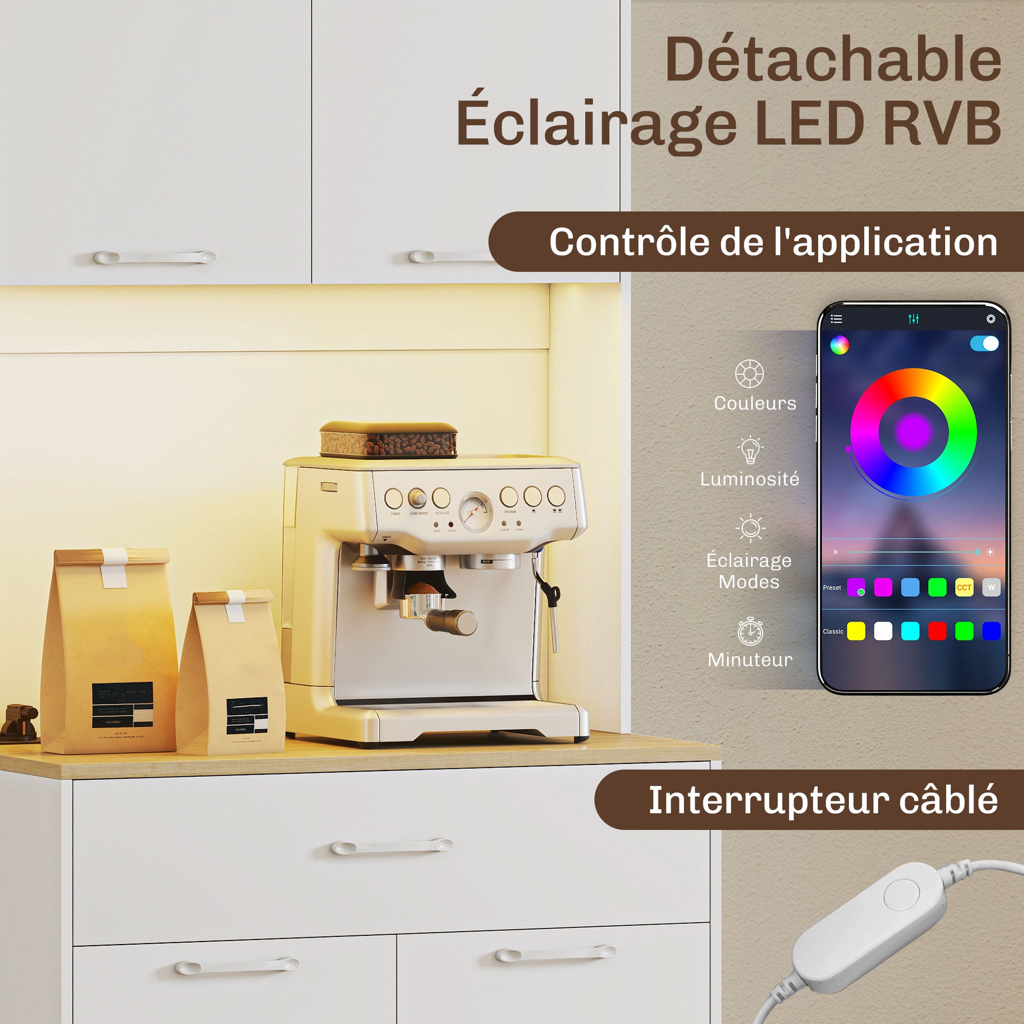 Buffet Haut Cuisine avec LED et Station de Charge, Armoire de Cuisine 180cm avec 4 Portes, Tiroir, Étagères Réglables et Plan de Travail, Meuble de Rangement pour Salon, Salle à Manger, Blanc