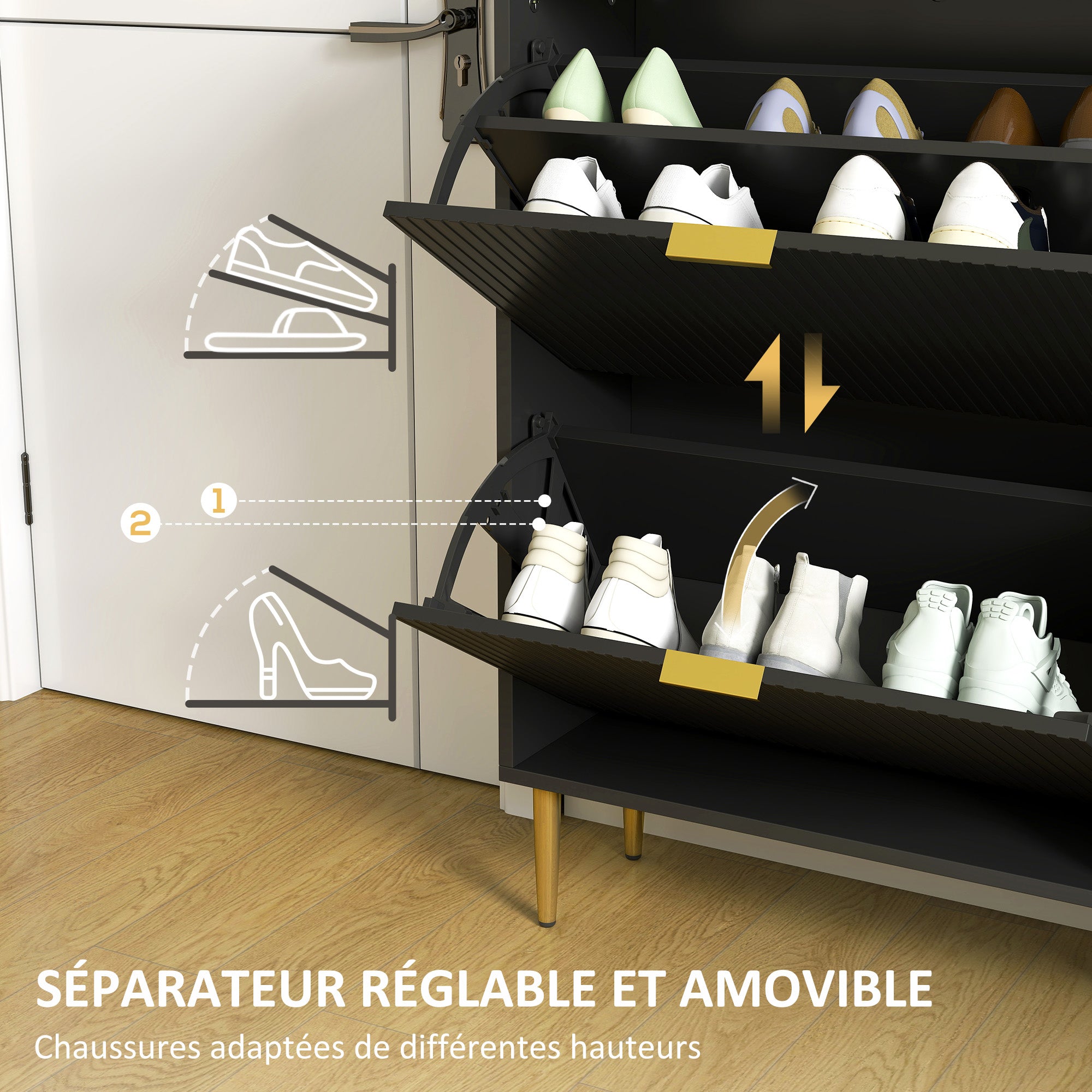 Meuble à chaussures 12 paires, armoire à chaussures étroite moderne avec 2 tiroirs rabattables, portes cannelées et étagères réglables, pour couloir et entrée, 60 x 24 x 91,5 cm, noir