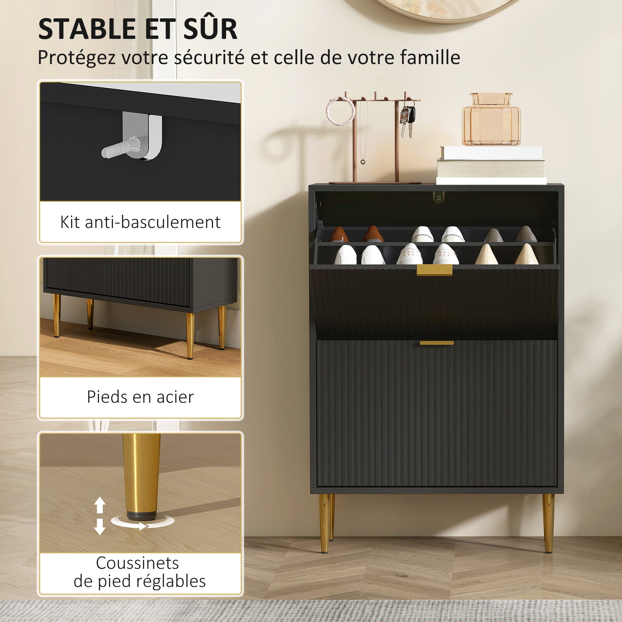 Meuble à chaussures 12 paires, armoire à chaussures étroite moderne avec 2 tiroirs rabattables, portes cannelées et étagères réglables, pour couloir et entrée, 60 x 24 x 91,5 cm, noir