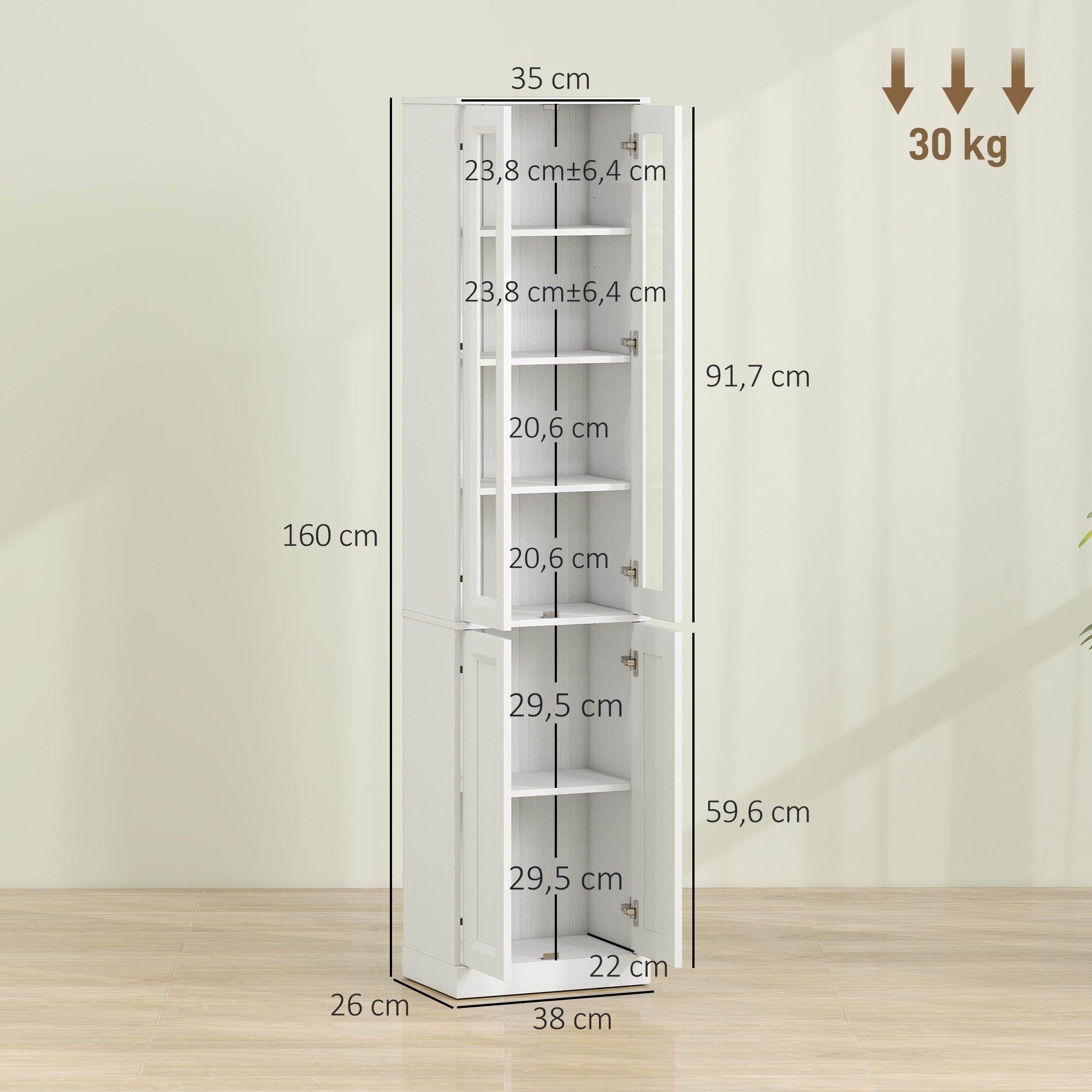 Meuble de Salle de Bain 6 niveaux, Meuble de Rangement, Colonne Salle de Bain, 4 Portes à Fermeture Douce dont 2 Acrylique, Étagères Réglables, pour Salon, Chambre, Buanderie, 38x26x160cm Blanc