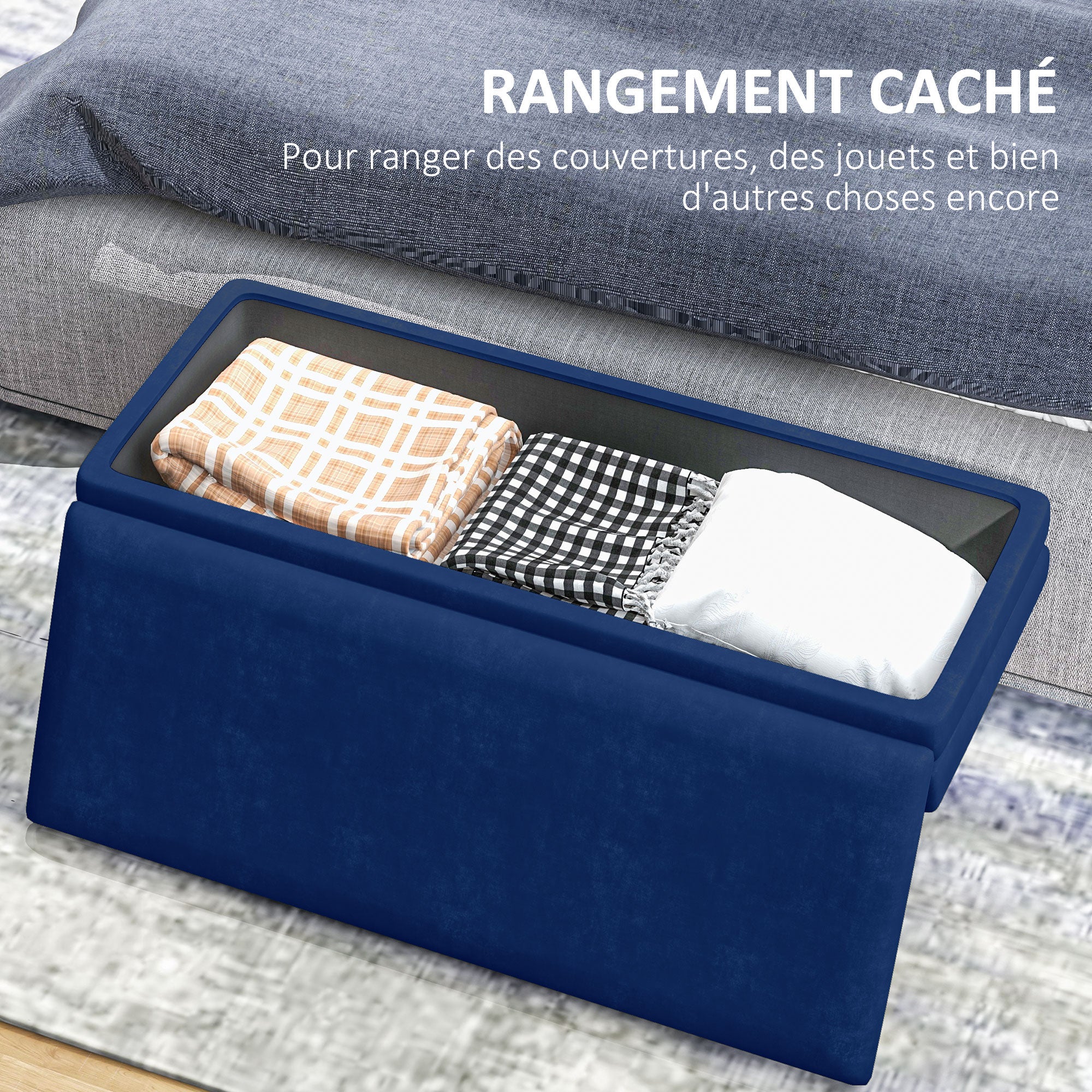 Banc de rangement, bout de lit, coffre de rangement avec assise aspect velours et pieds acier, 100 x 37,5 x 42 cm, bleu et doré