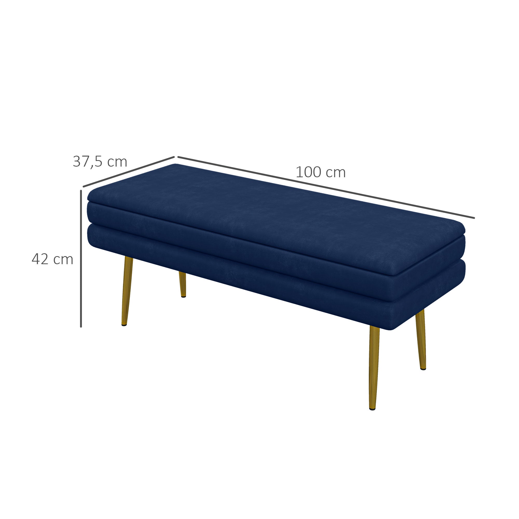 Banc de rangement, bout de lit, coffre de rangement avec assise aspect velours et pieds acier, 100 x 37,5 x 42 cm, bleu et doré