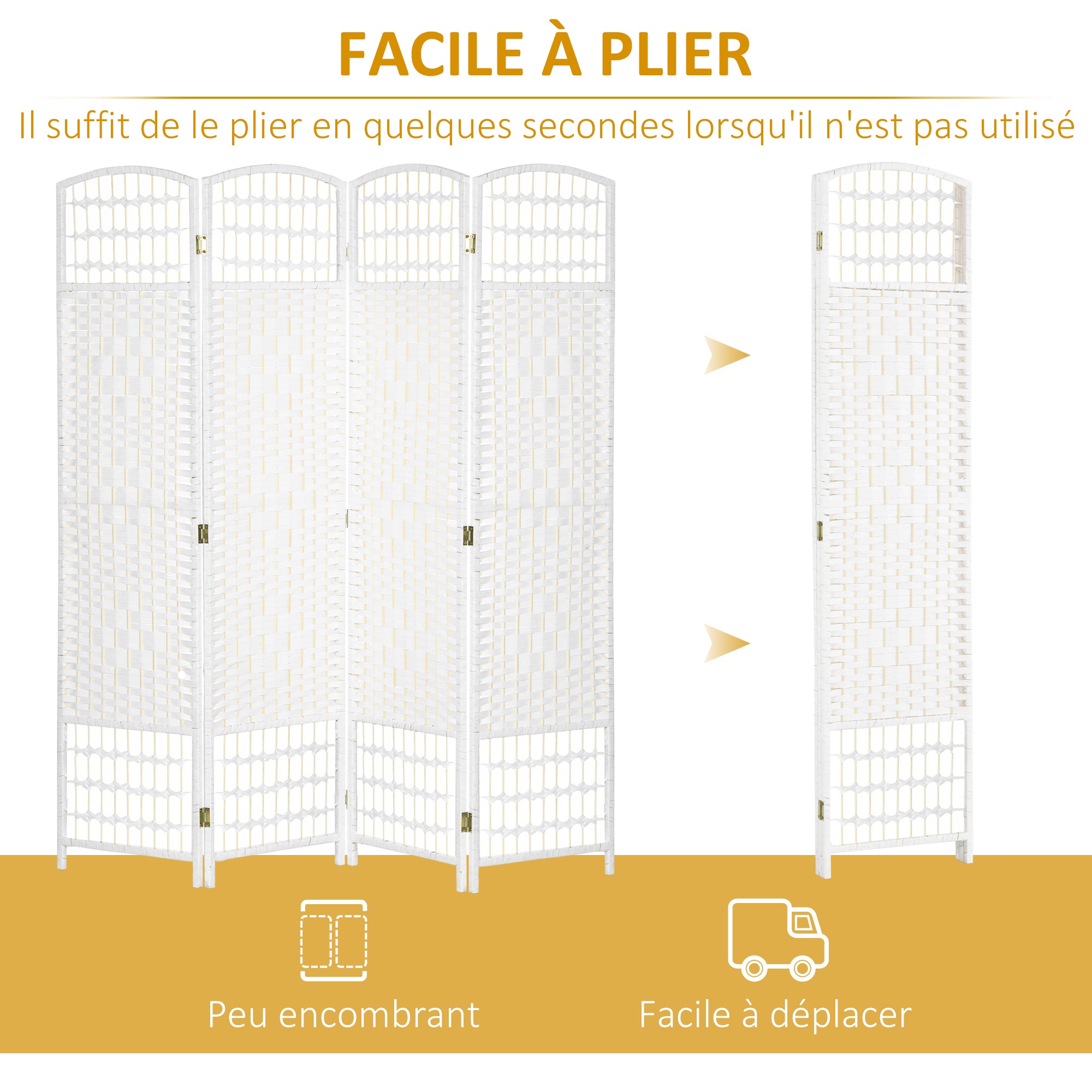 Paravent en bois 160 x 170 cm séparateur de pièce pliable 4 panneaux cloison de séparation chambre à coucher maison intérieur blanc