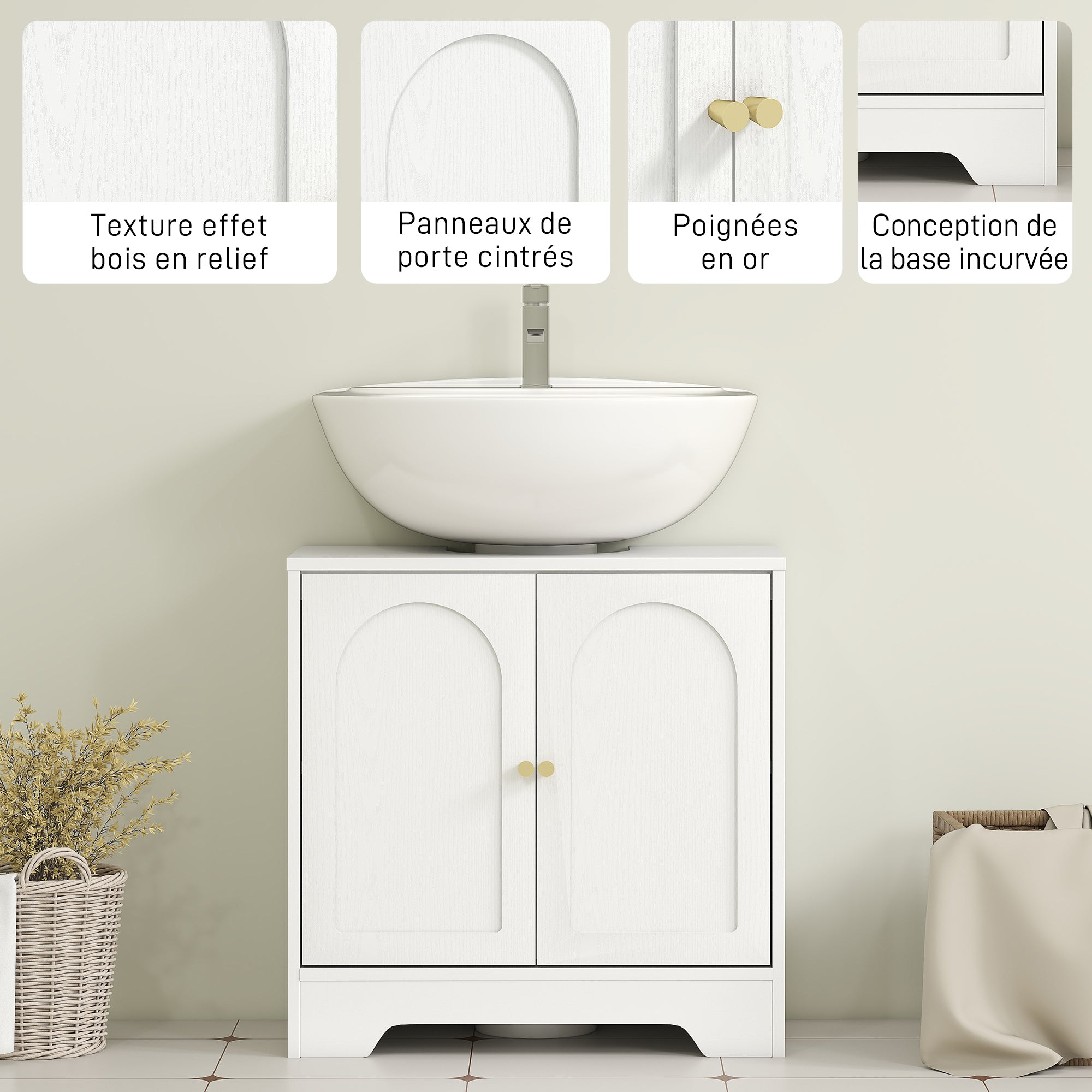 Meuble sous lavabo salle de bain meuble sous vasque armoire de rangement pour lavabo - placard à portes et étagère réglable, pour bassin avec ou sans pédestal, 60 x 30 x 65 cm, blanc