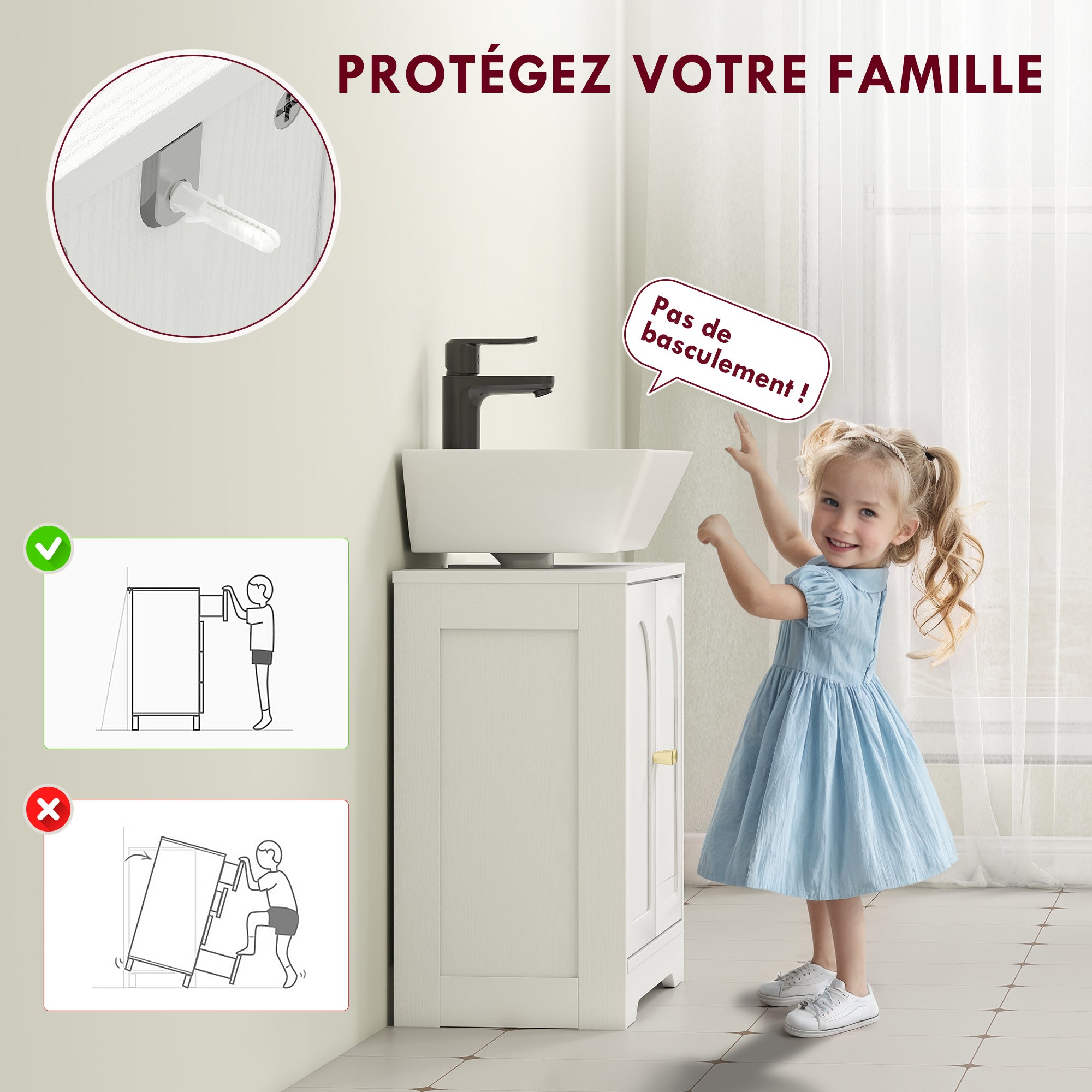 Meuble sous lavabo salle de bain meuble sous vasque armoire de rangement pour lavabo - placard à portes et étagère réglable, pour bassin avec ou sans pédestal, 60 x 30 x 65 cm, blanc