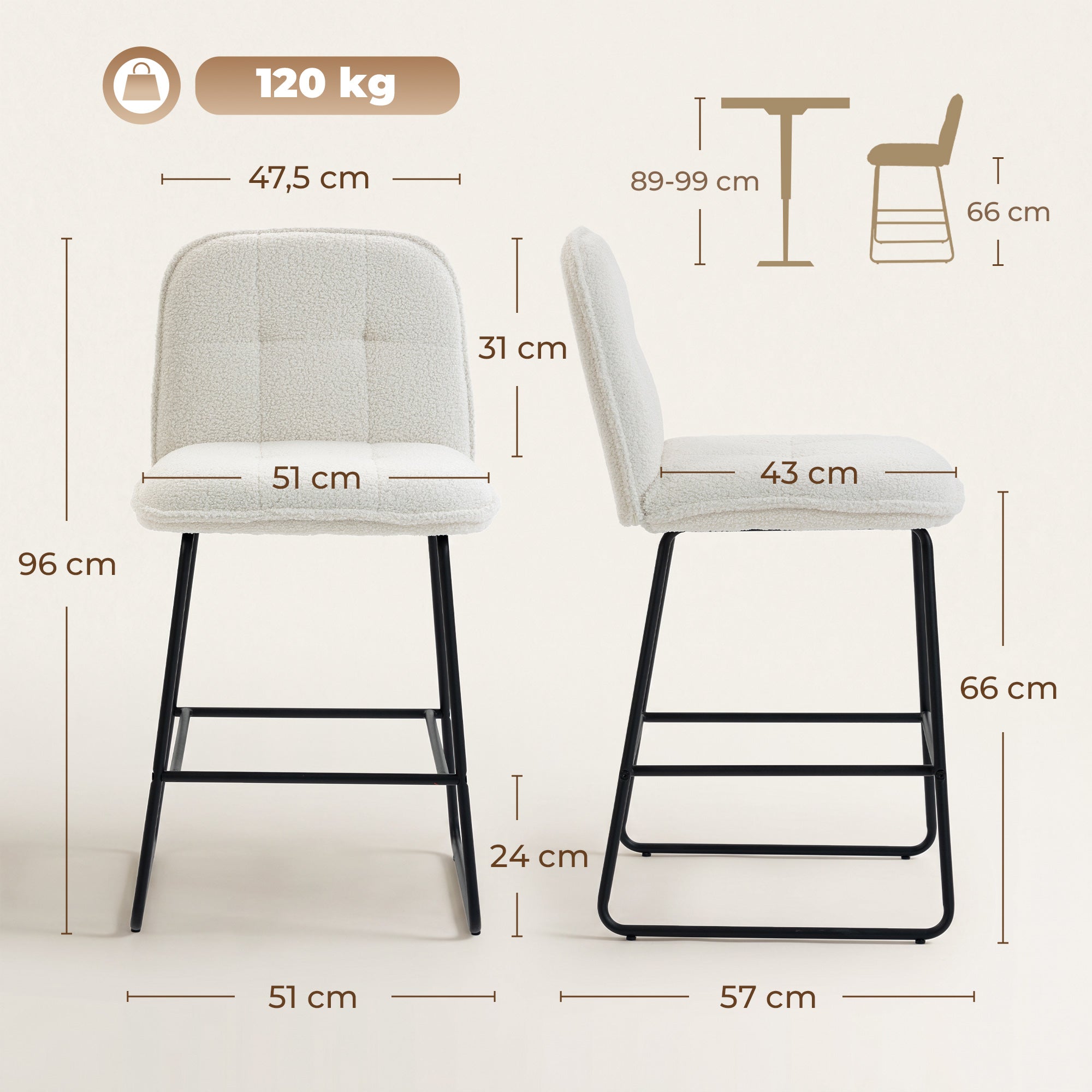 Lot de 2 Tabourets de Bar, Chaises de Bar Rembourrées en Tissu Bouclette, Extra-Large Assise 66H cm, Dossier, Repose-Pieds, Cadre en Métal, Chaises Hautes Cuisine Salle à Manger Comptoir, Crème