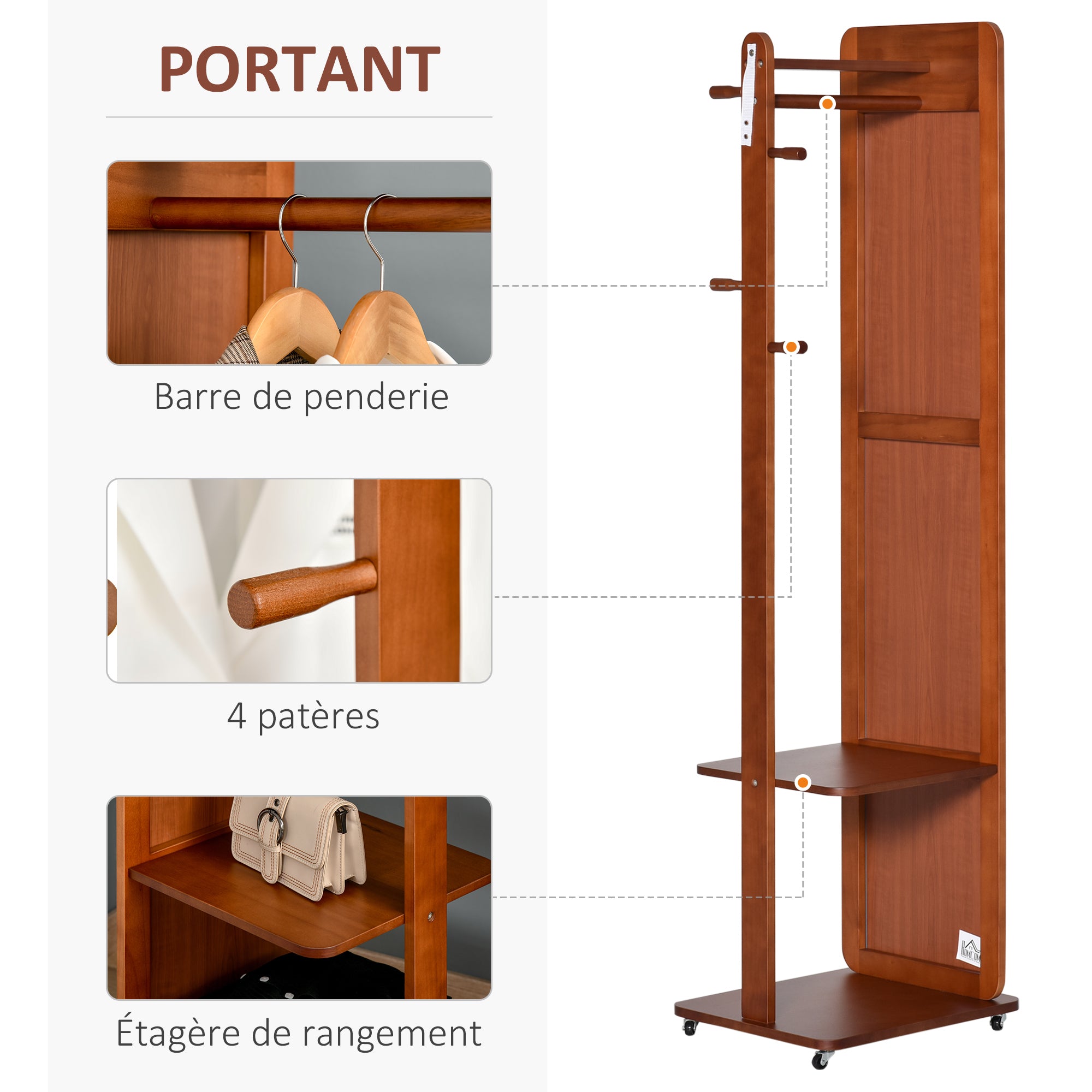 Miroir sur Pied avec roulettes - Portant, 4 patères étagère MDF Aspect Noyer