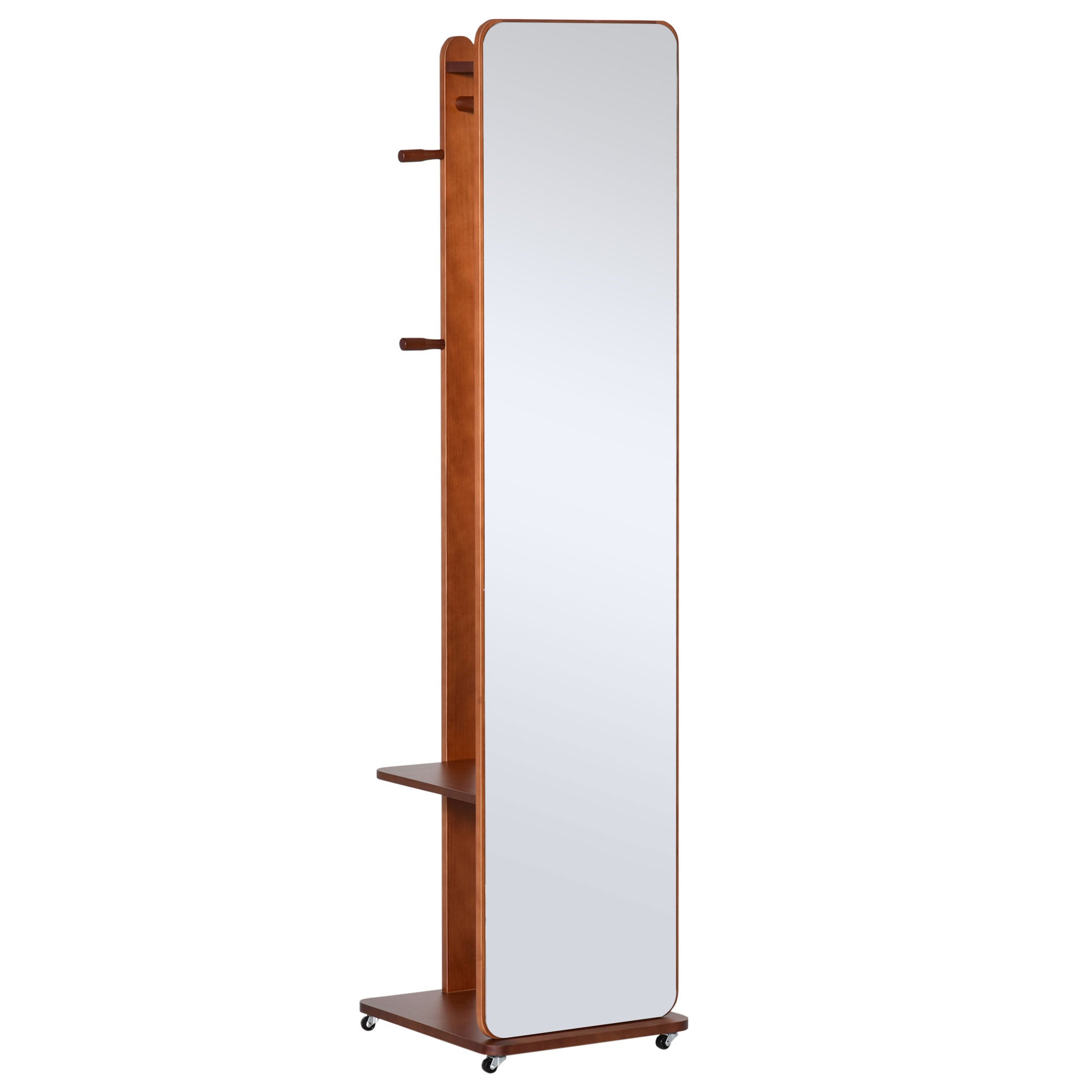 Miroir sur Pied avec roulettes - Portant, 4 patères étagère MDF Aspect Noyer