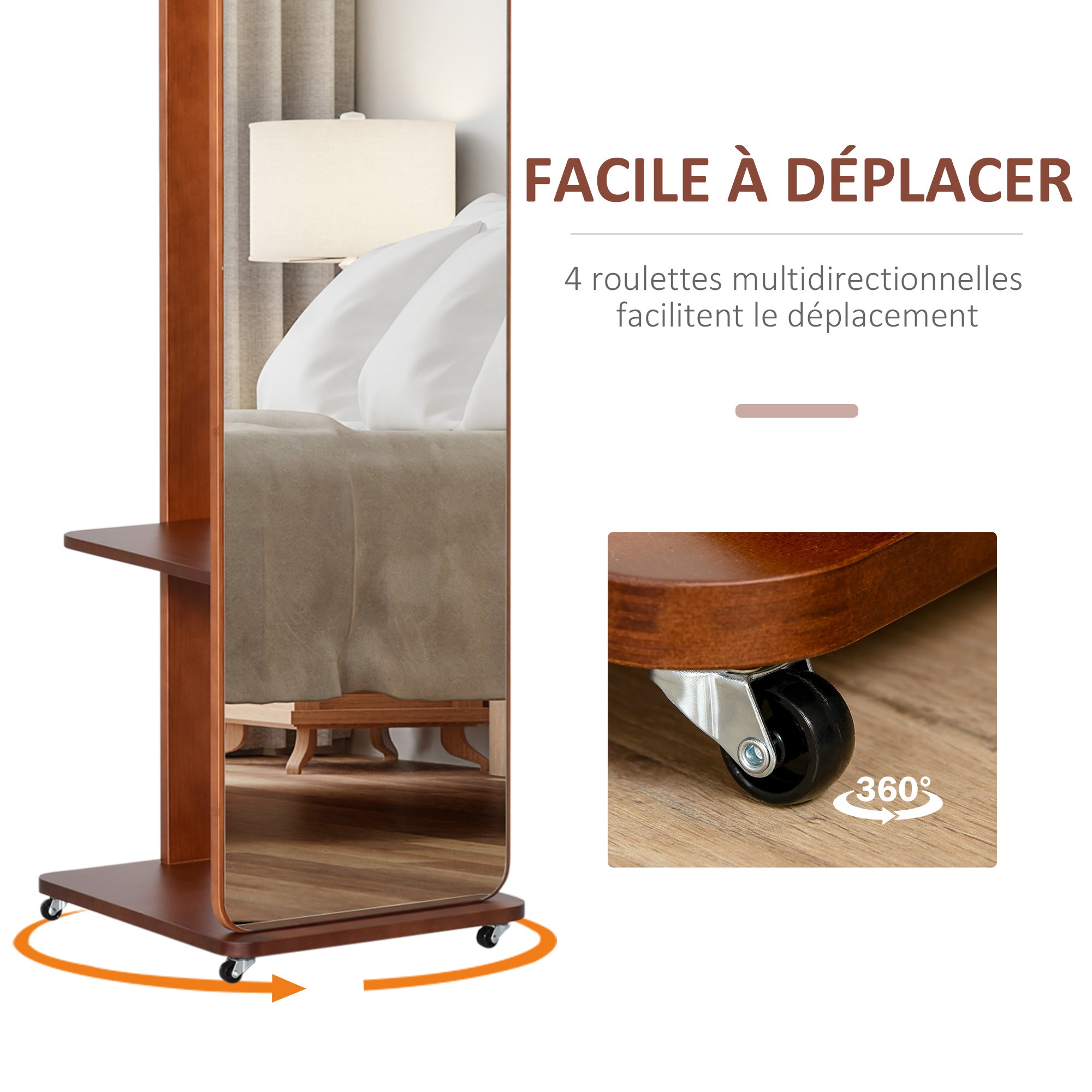 Miroir sur Pied avec roulettes - Portant, 4 patères étagère MDF Aspect Noyer