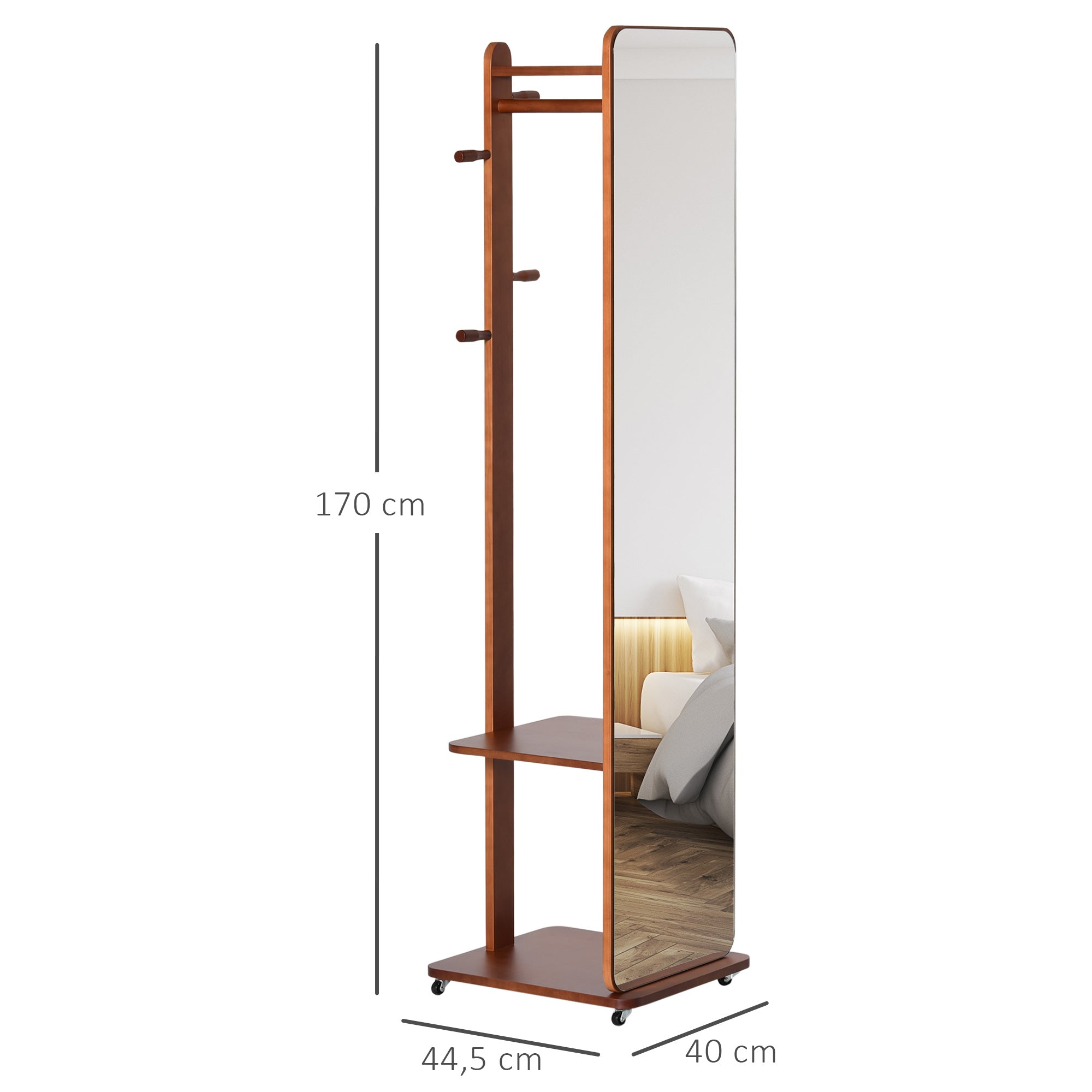 Miroir sur Pied avec roulettes - Portant, 4 patères étagère MDF Aspect Noyer