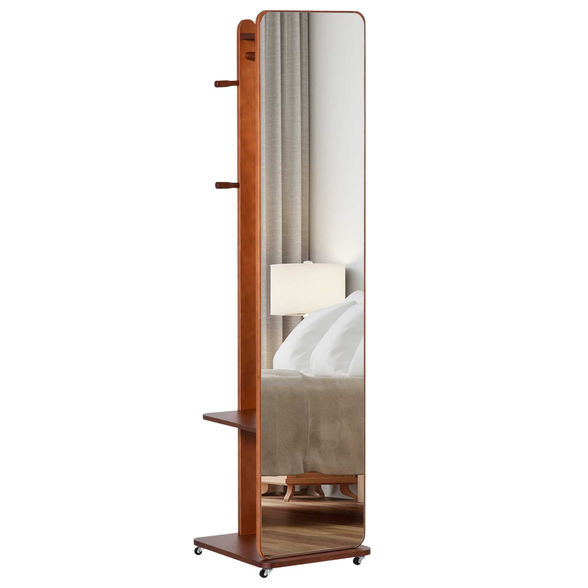 Miroir sur Pied avec roulettes - Portant, 4 patères étagère MDF Aspect Noyer