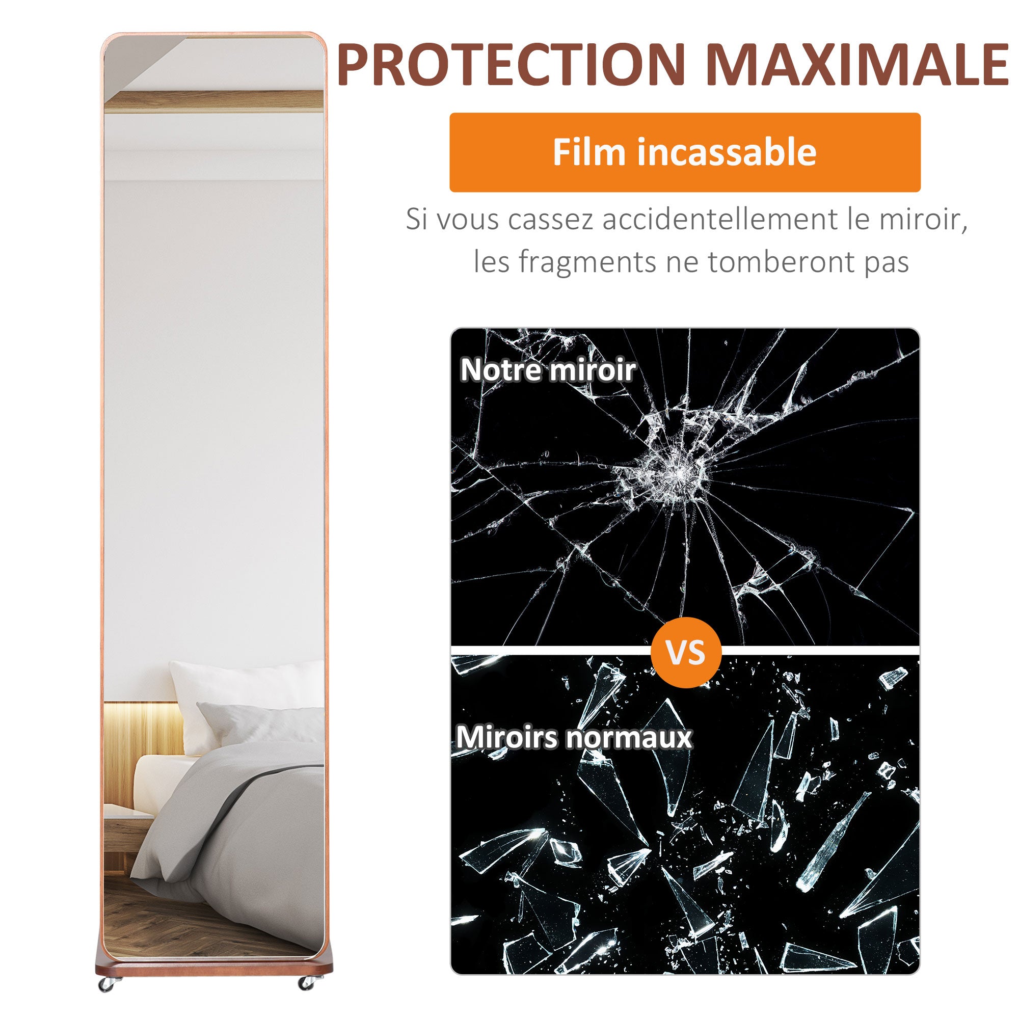 Miroir sur Pied avec roulettes - Portant, 4 patères étagère MDF Aspect Noyer