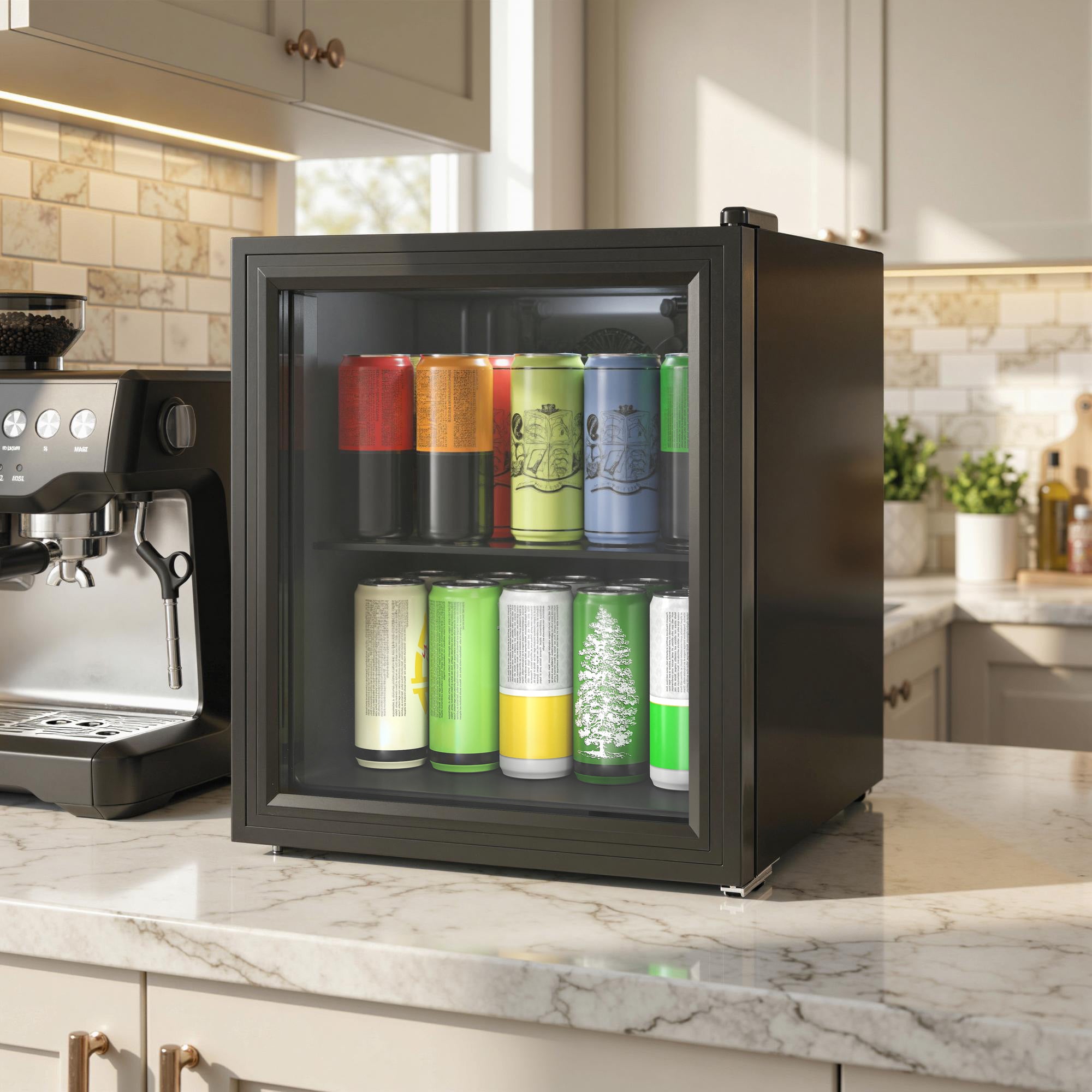 Réfrigérateur à Boissons 46L 59 Canettes, Petit Frigo Silencieux Pose Libre avec Porte en Verre Trempé Double, Étagère en Verre, Éclairage LED, Écran Tactile, pour Chambre Bureau Dortoir, Noir