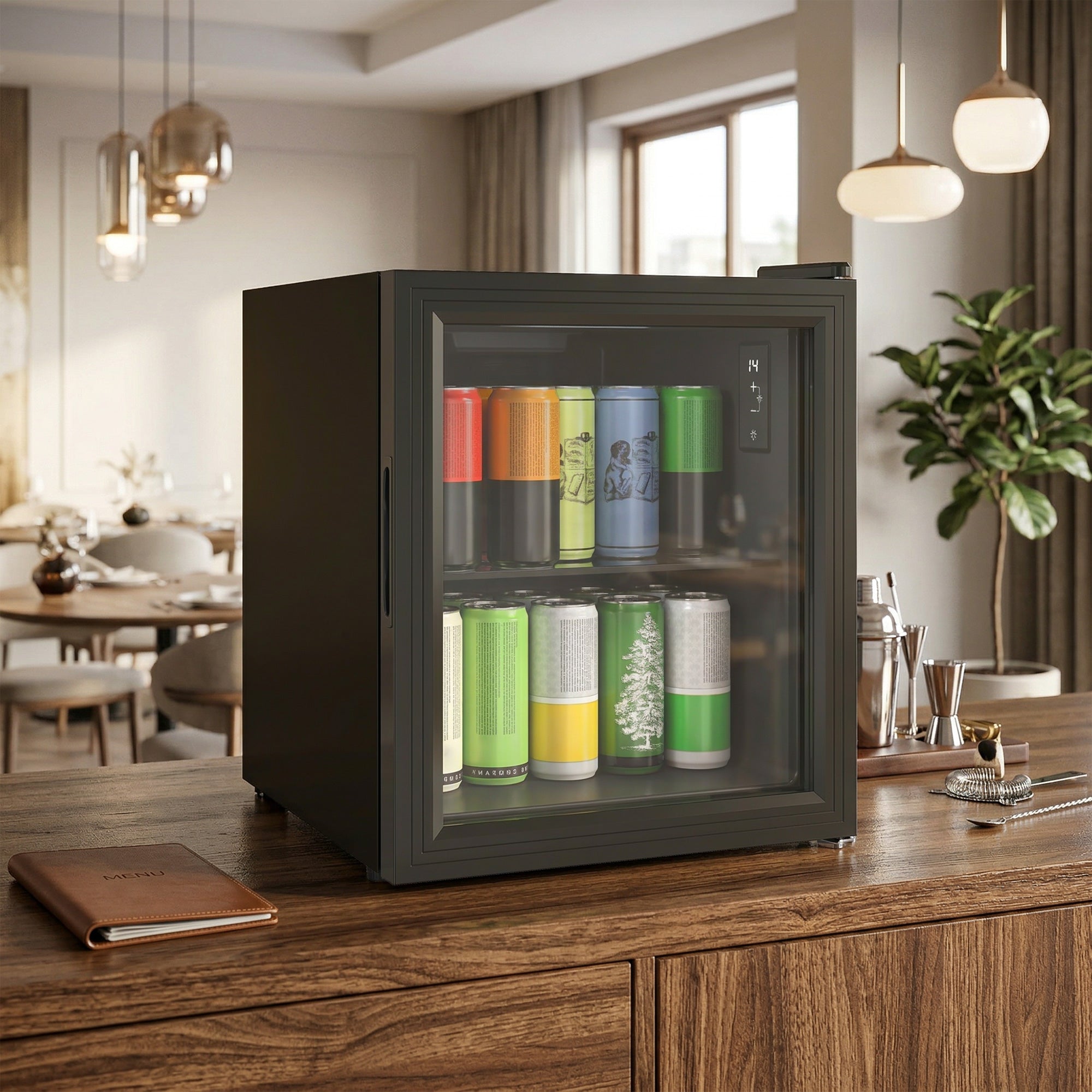 Réfrigérateur à Boissons 46L 59 Canettes, Petit Frigo Silencieux Pose Libre avec Porte en Verre Trempé Double, Étagère en Verre, Éclairage LED, Écran Tactile, pour Chambre Bureau Dortoir, Noir