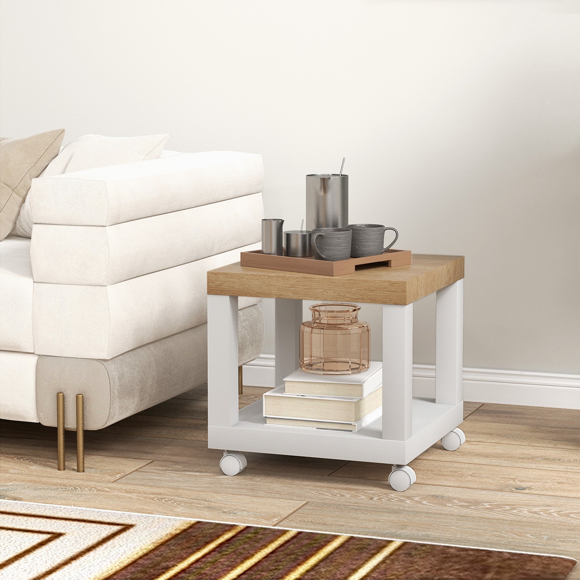 Table d'Appoint Roulante, Table Basse Moderne avec Étagère Ouverte, pour Salon, Chambre ou Bureau, 40 x 40 x 40 cm, Bois Naturel & Blanc