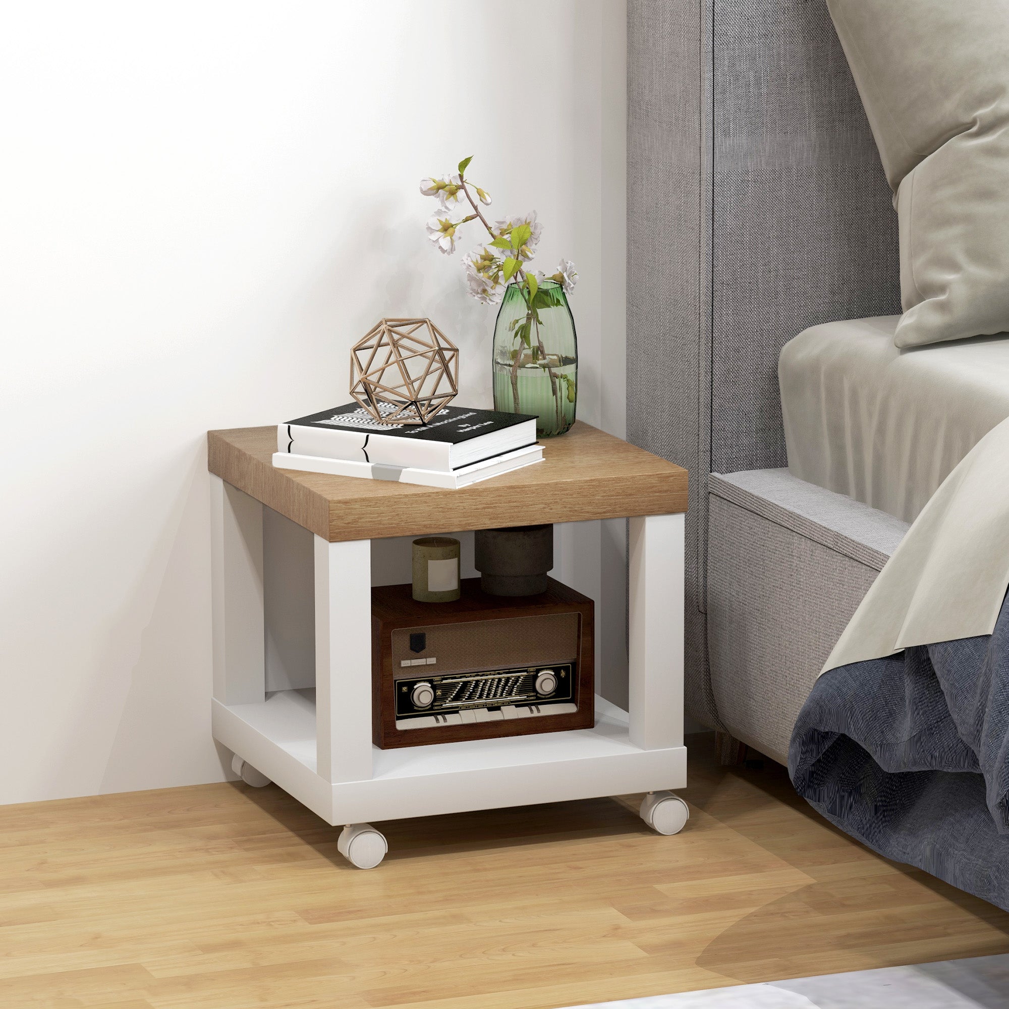 Table d'Appoint Roulante, Table Basse Moderne avec Étagère Ouverte, pour Salon, Chambre ou Bureau, 40 x 40 x 40 cm, Bois Naturel & Blanc