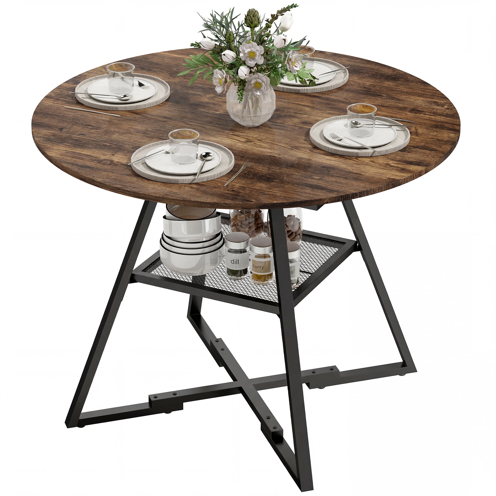 Table à manger ronde pour 4 personnes, Ø 100 x 76 cm, table de cuisine industrielle avec large plateau et étagère de rangement, cadre en métal, brun rustique