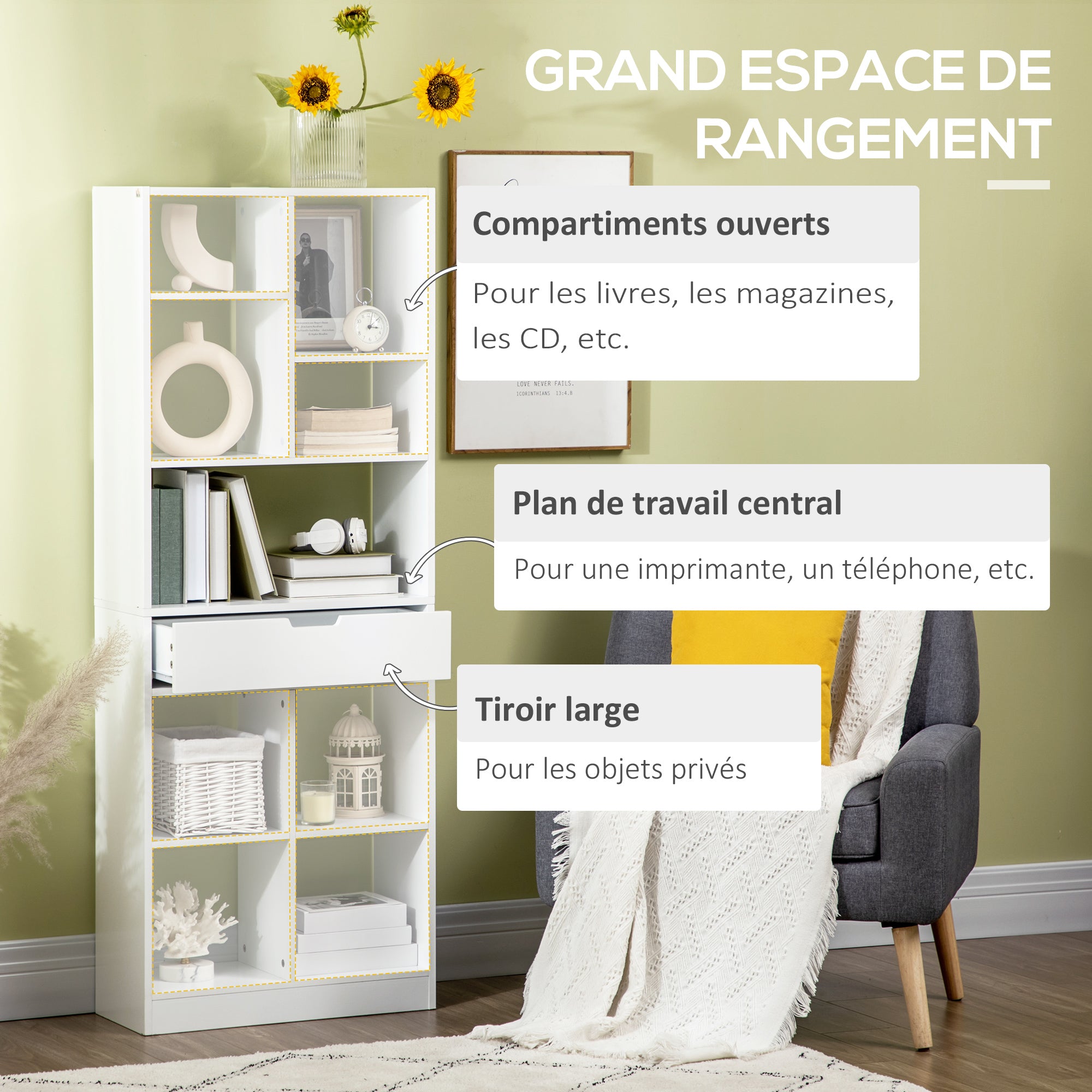 Bibliothèque, étagère à livres, meuble de rangement avec tiroir et compartiments ouvertes, étagère de rangement pour salon, chambre bureau, 60 x 26 x 158 cm, blanc