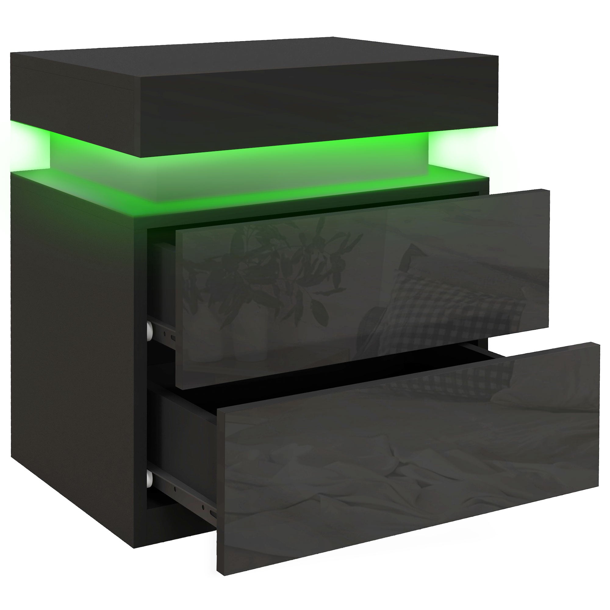 Table de chevet, table de nuit, avec lumière LED RVB, façade du tiroir haute brillance, table d'appoint avec 2 tiroirs, pour salon, chambre à coucher, noir