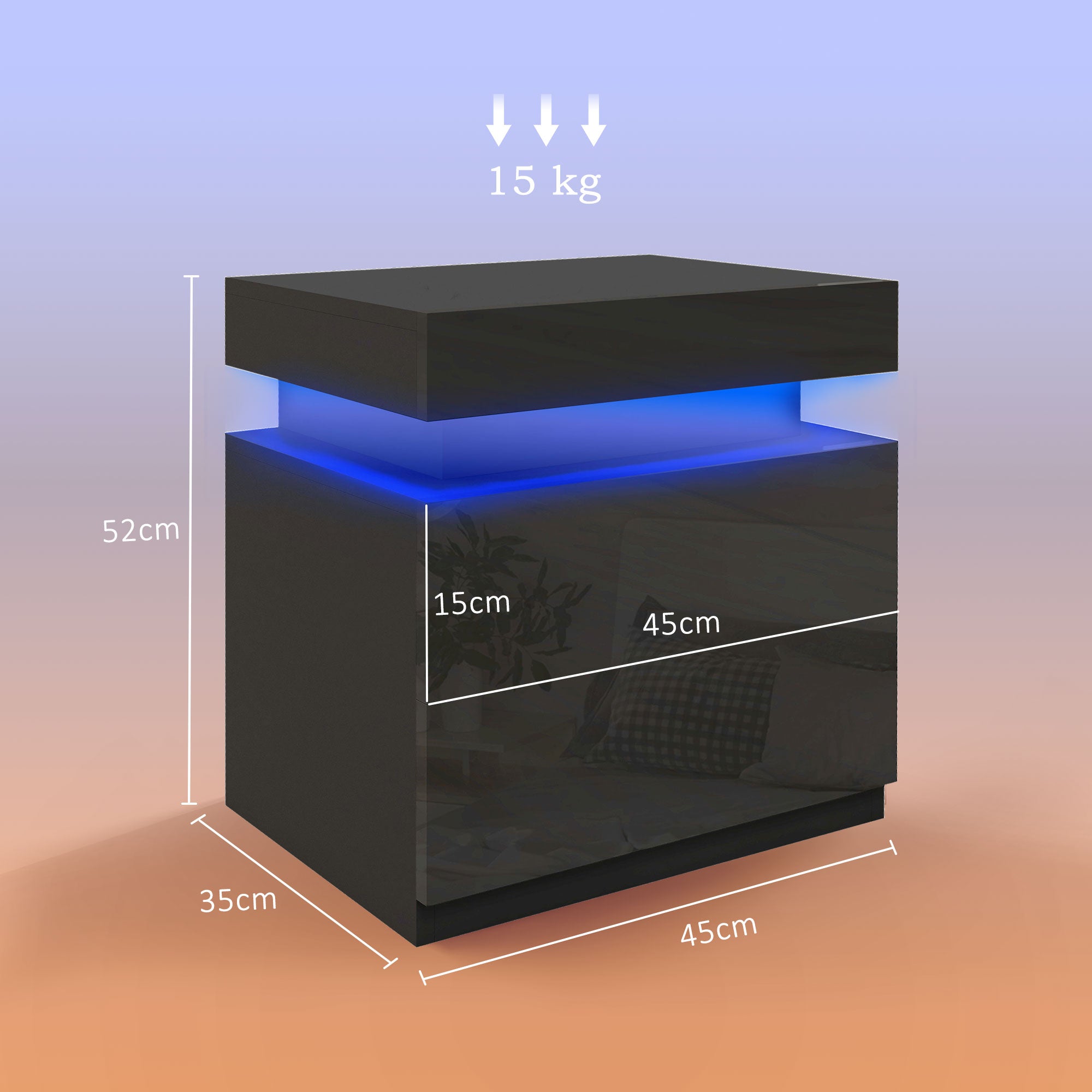Table de chevet, table de nuit, avec lumière LED RVB, façade du tiroir haute brillance, table d'appoint avec 2 tiroirs, pour salon, chambre à coucher, noir