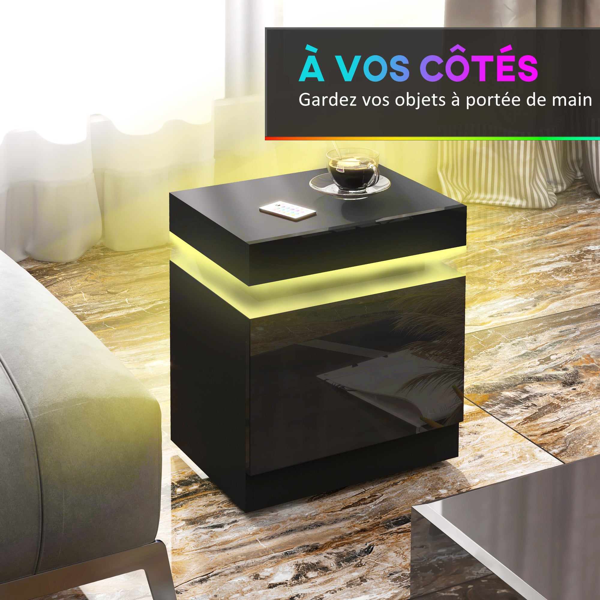 Table de chevet, table de nuit, avec lumière LED RVB, façade du tiroir haute brillance, table d'appoint avec 2 tiroirs, pour salon, chambre à coucher, noir
